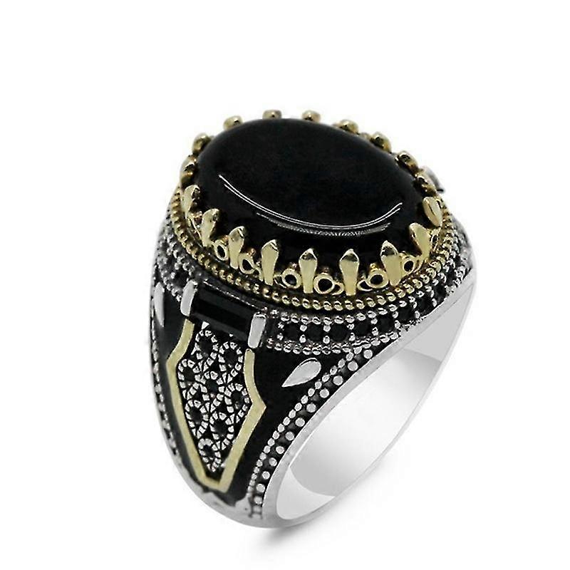 Personalized Retro Two-tone Black Agate Ring