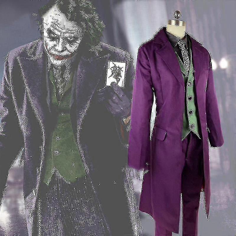 Yüksek kaliteli Heath Ledger Cosplay Takım Elbise Cadılar Bayramı Erkek Filmi Kara Şövalye Joker Kostüm Mor Ceket Tam Setler