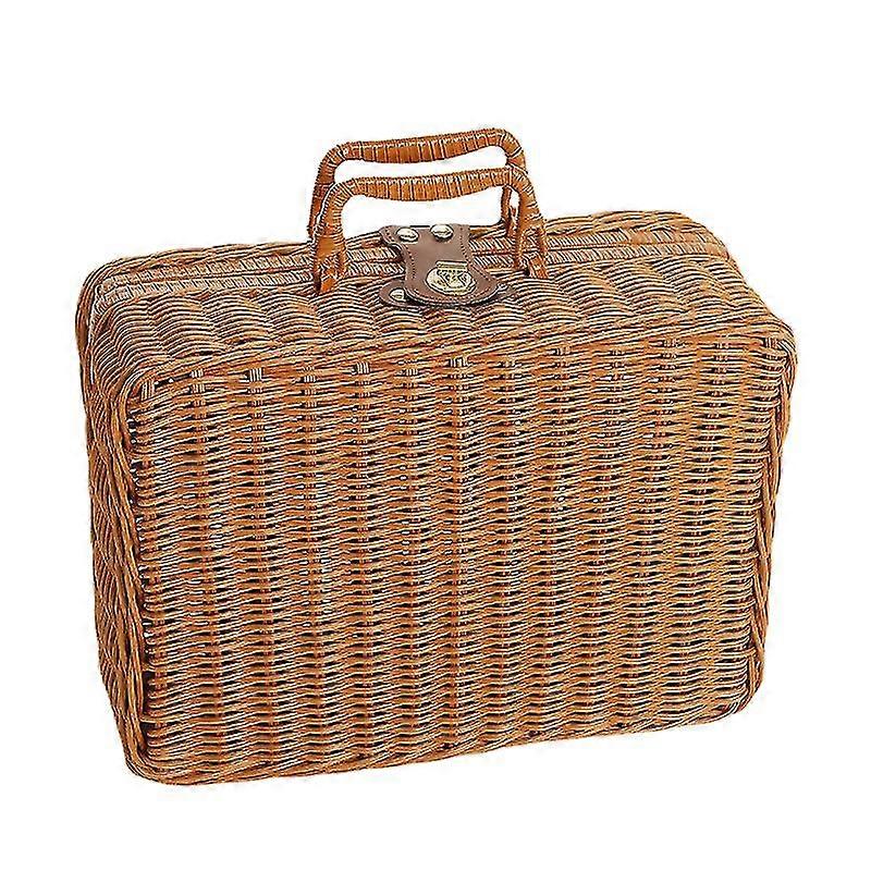 Picnic Box with Ring Shaped Handle - Retro Woven Design - Odorless Plastic Rattan Storage Box for Outdoor