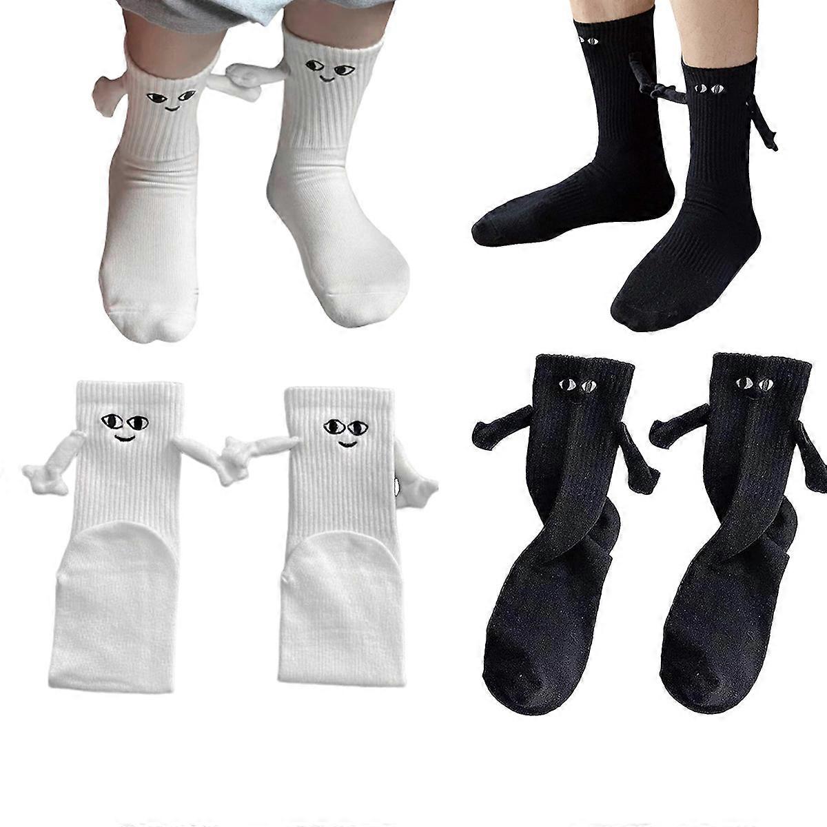 KXJ-2 Pairs Couple Holding Hands Socks, Magnetic Funny Holding Sock, Hand in Hand Socks, Black White Magnetic Couple Funny Socks for Men WomenWhite+Bl