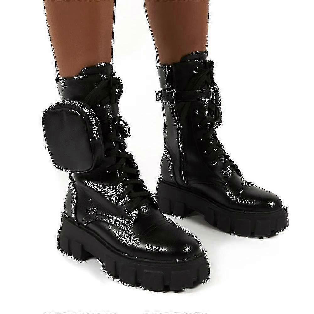 Female Pocket Lace Up Boots Buckle Strap Chunky Pouch Ankle