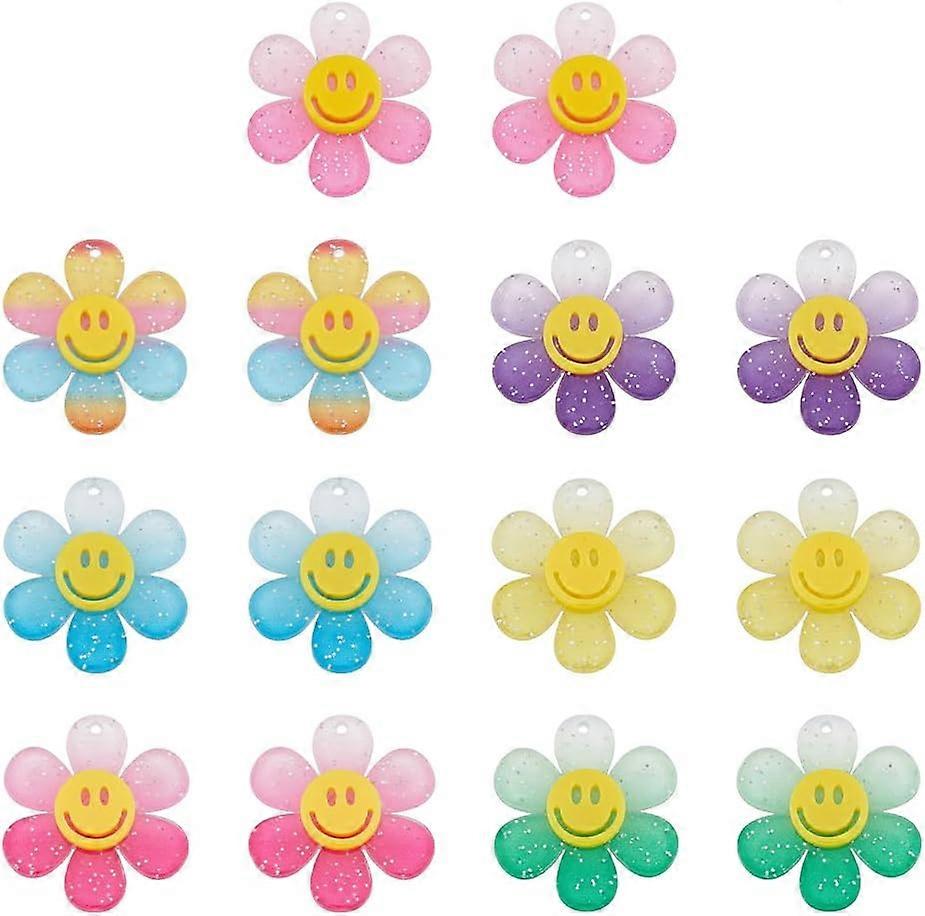 14Pcs 7 Colors Gradient Color Transparent Acrylic Pendants with Sequins Sunflower with Smiling Face Charm Mixed Color 30x27x4mm Hole: 1.6mm 2pcs/color
