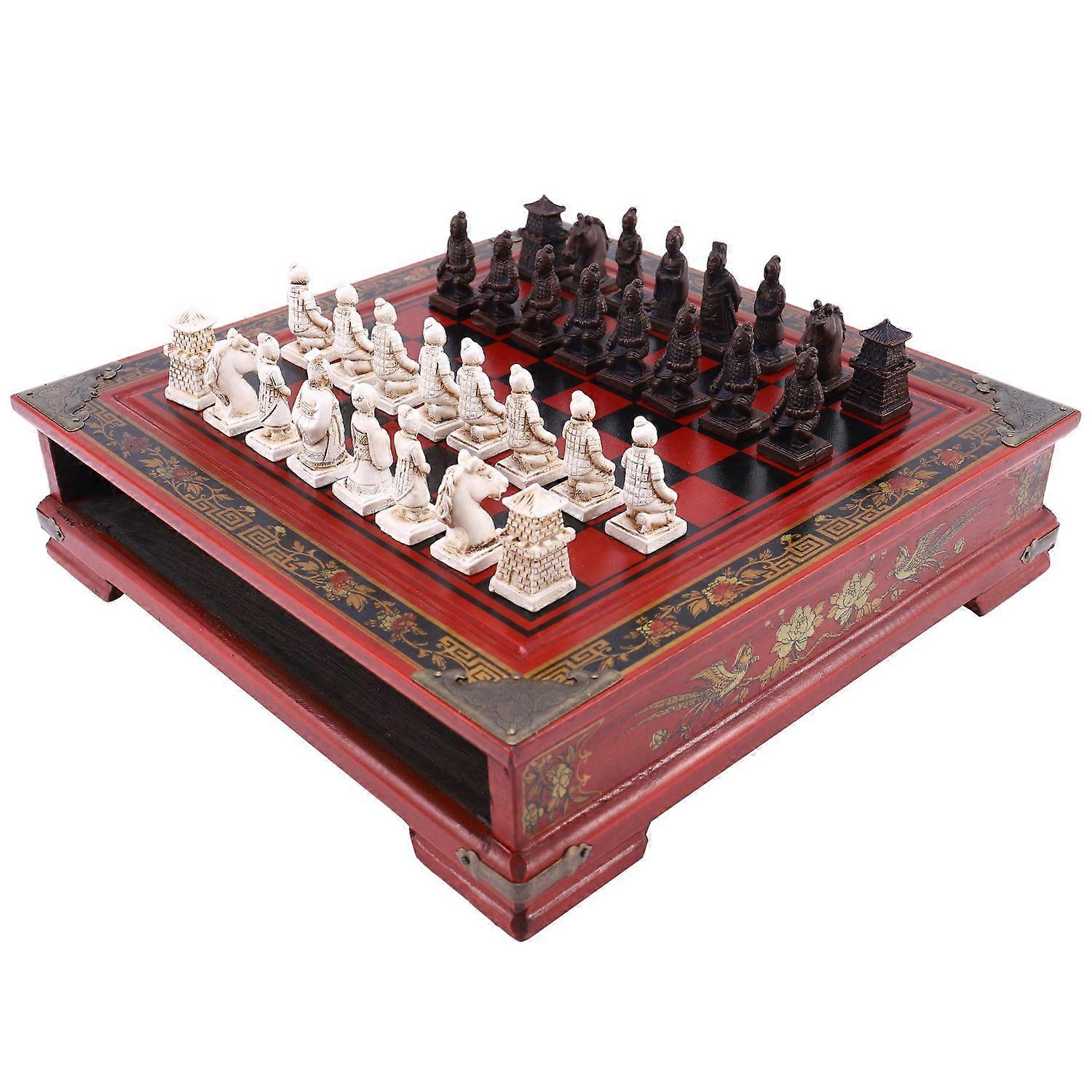 Wood Chess Chinese Retro Terracotta Chess Wood Do Old Carving Resin Chessman Christmas Birthday Pre