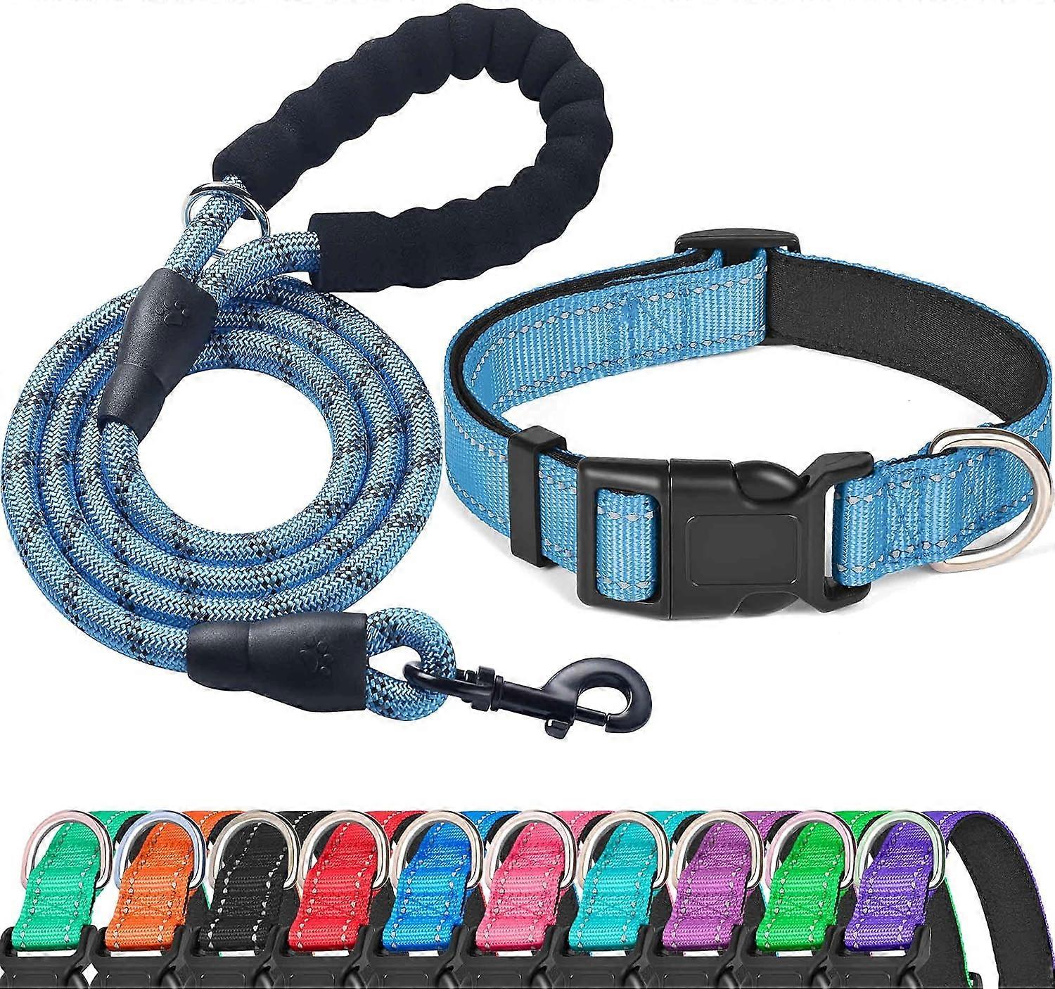 Reflective Dog Collar Padded with Soft Neoprene Breathable Adjustable Nylon Dog Collars (Large (Pack of 1), Vivid Blue Collar+Leash)