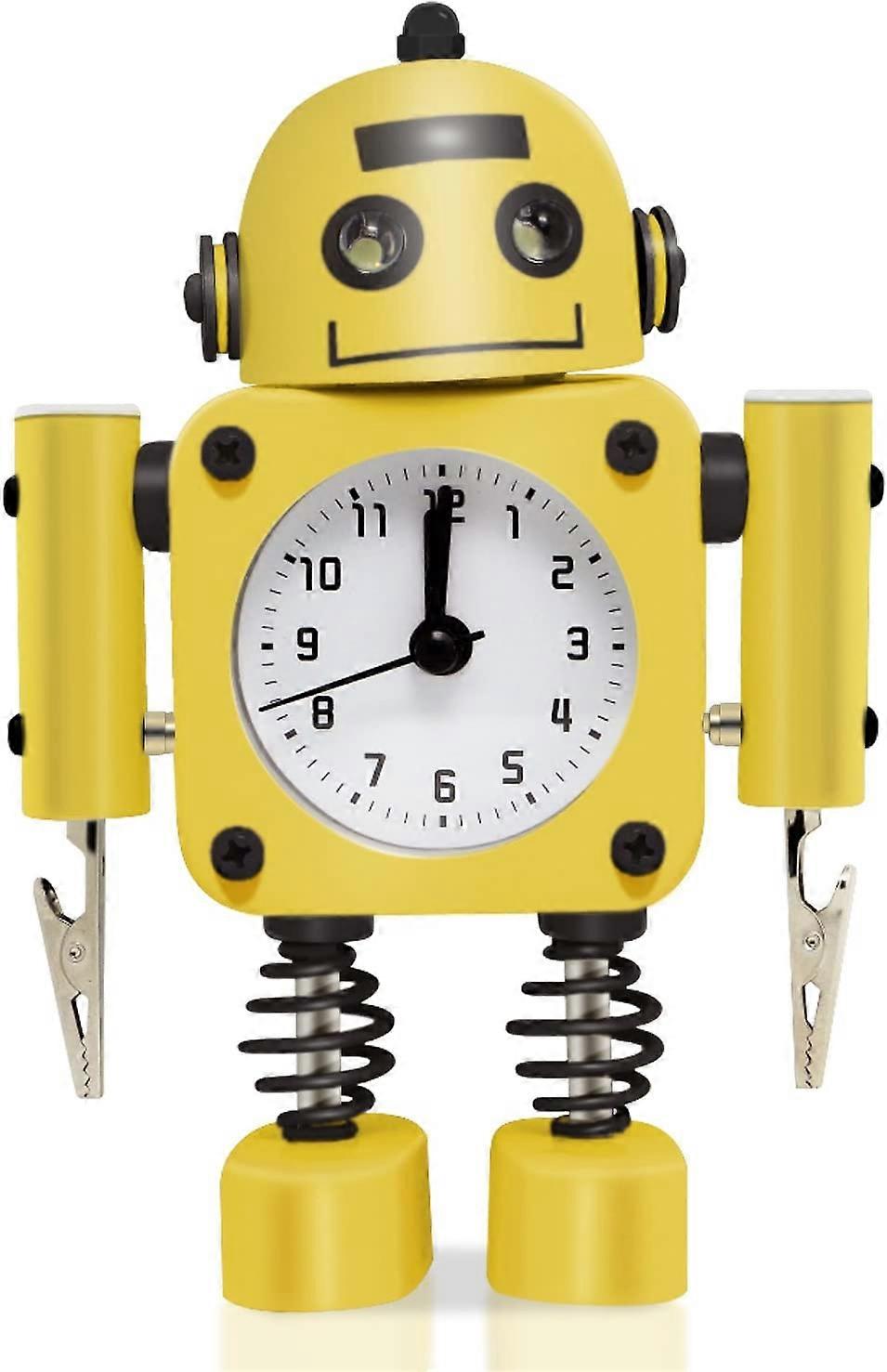Non-Ticking Robot Alarm Clock Stainless Metal - Wake-up Clock with Flashing Eye Lights and Hand Clip (Ruby Red)