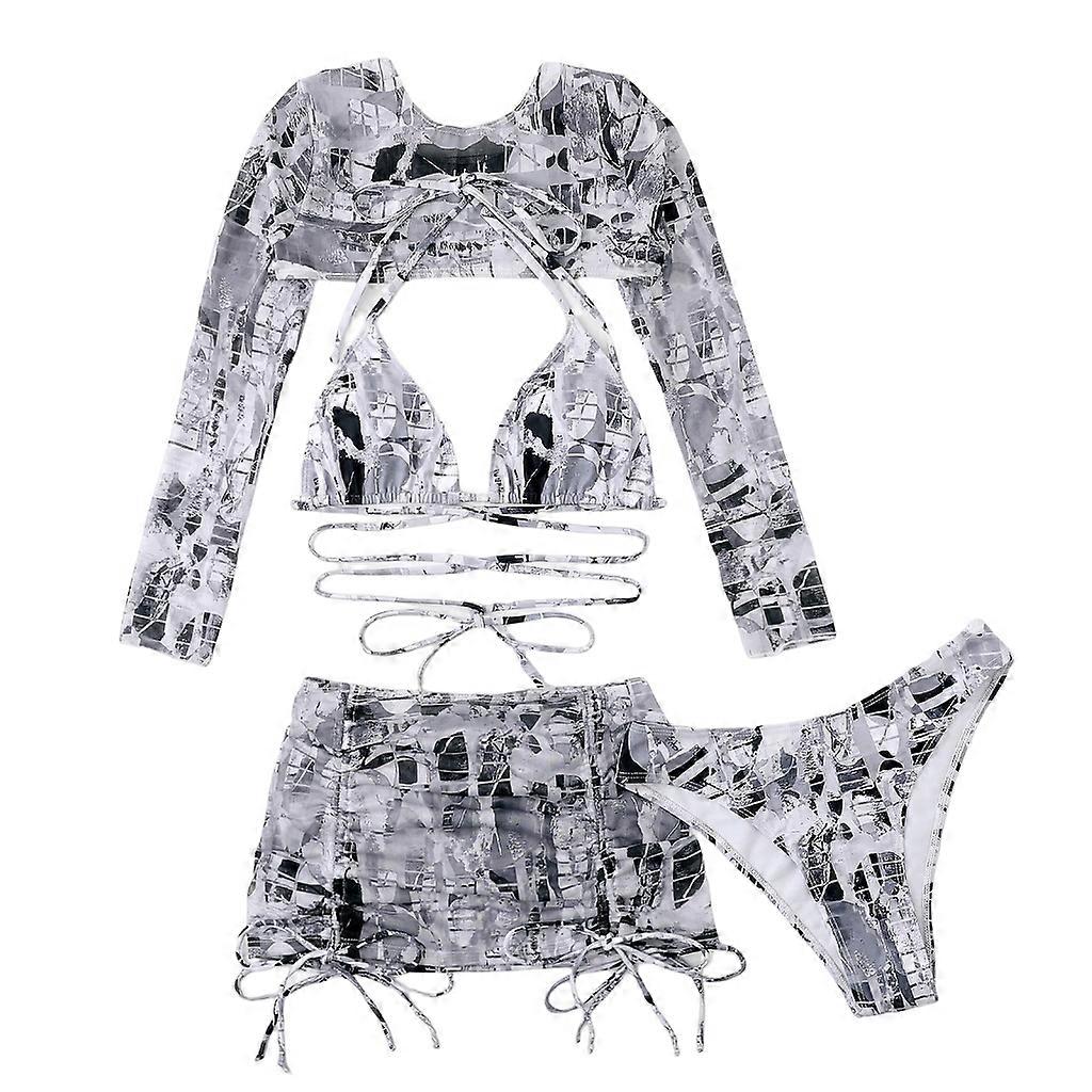 Imprimer Halter Bikini Set Sexy Lace Up Maillots de bain 4 pièces Maillots de bain pour femmes