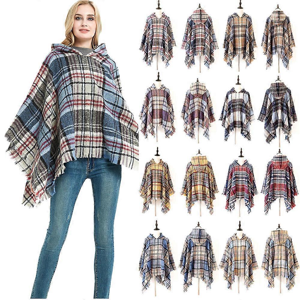 Women's Vintage Plaid Knitted Tassel Poncho Shawl