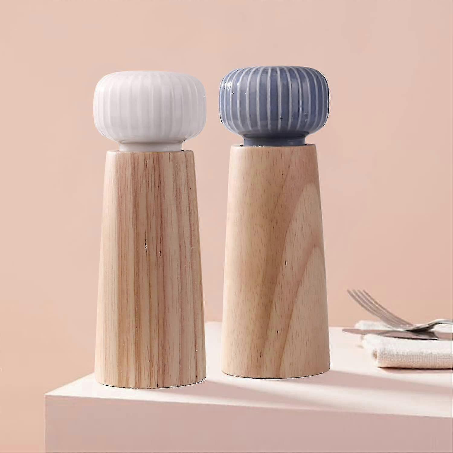 Salt And Pepper Mill Set - Wood And Ceramic Pepper Grinder Spice Mill With Adjustable Coarseness, 17.5 Cm (with Tray)