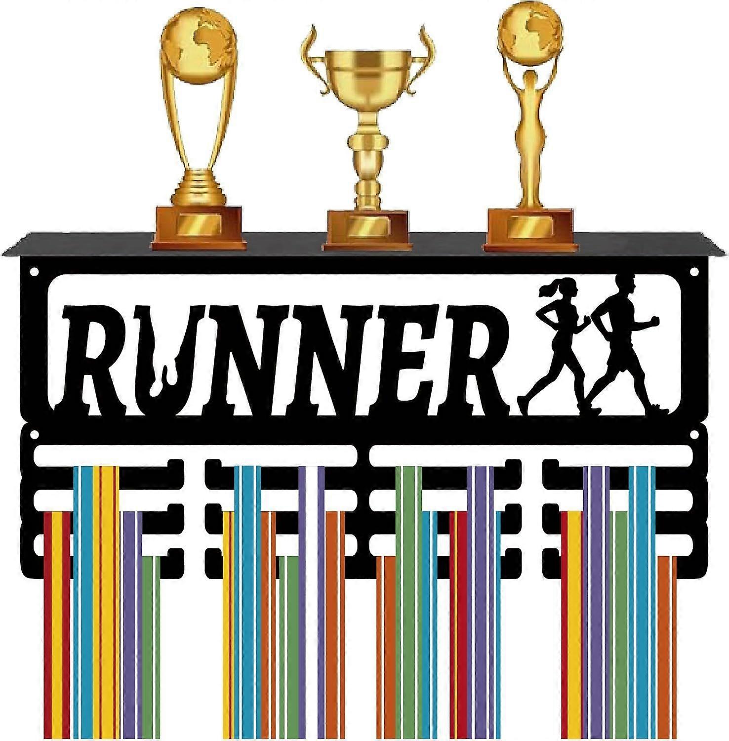 Runner Medal Holder Running Trophy Shelf Display with 12 Hooks Sports Marathon Metal Medal Hanger for Wall Mount Stand Hold 60+ Medals Rack with Shelf