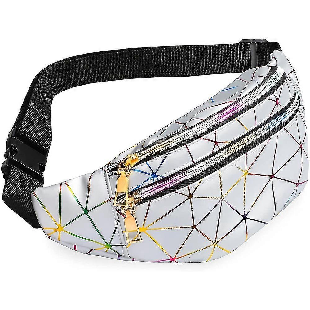 Holographic Fanny Pas For Women Waterproof Waist Pas Shiny With Adjustable Belt Diamond Lattice Pattern For Party Festival Trip,2291