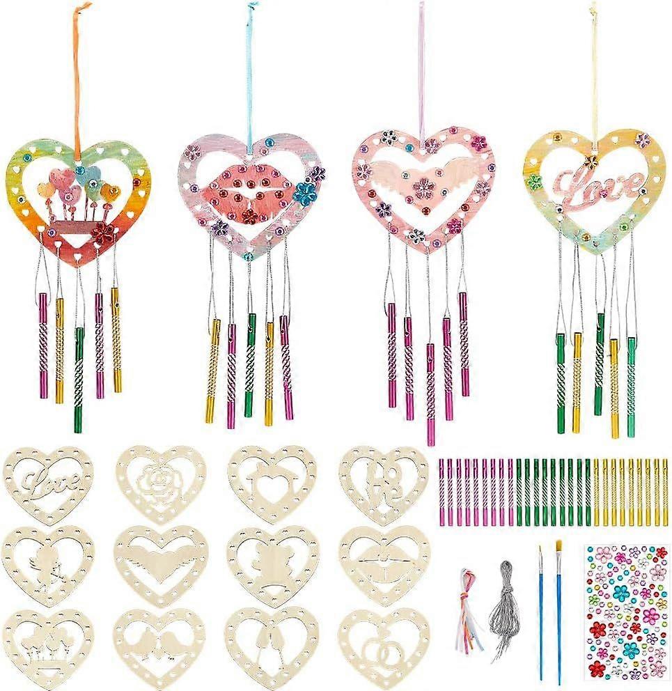 12 Styles Heart Wind Chime Kit Wooden Chimes Make Your Own Chime Craft Valentine Themed Hanging Ornament Wood Arts and Craft for Christmas Tree Valent