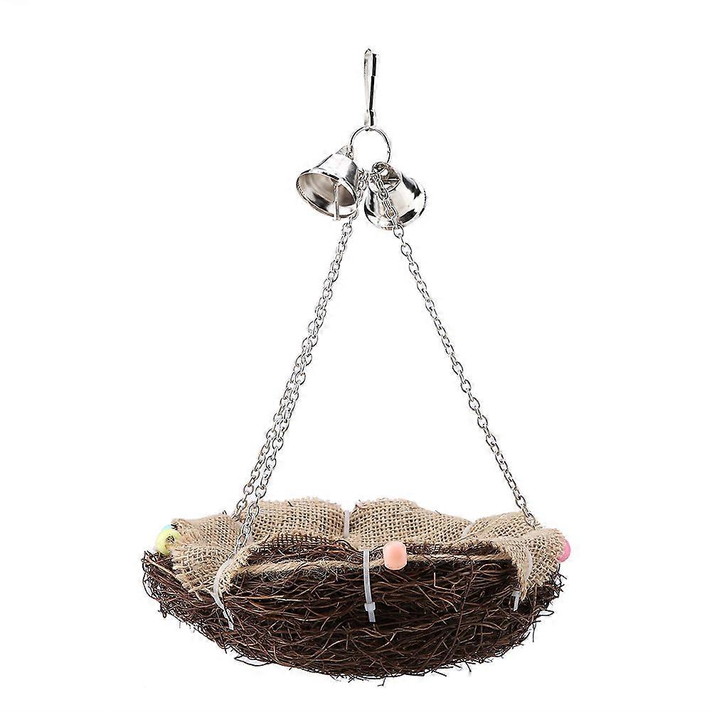 Rattan Bird Nest Swing with Three Chain Bells, Hanging Toy for Birds