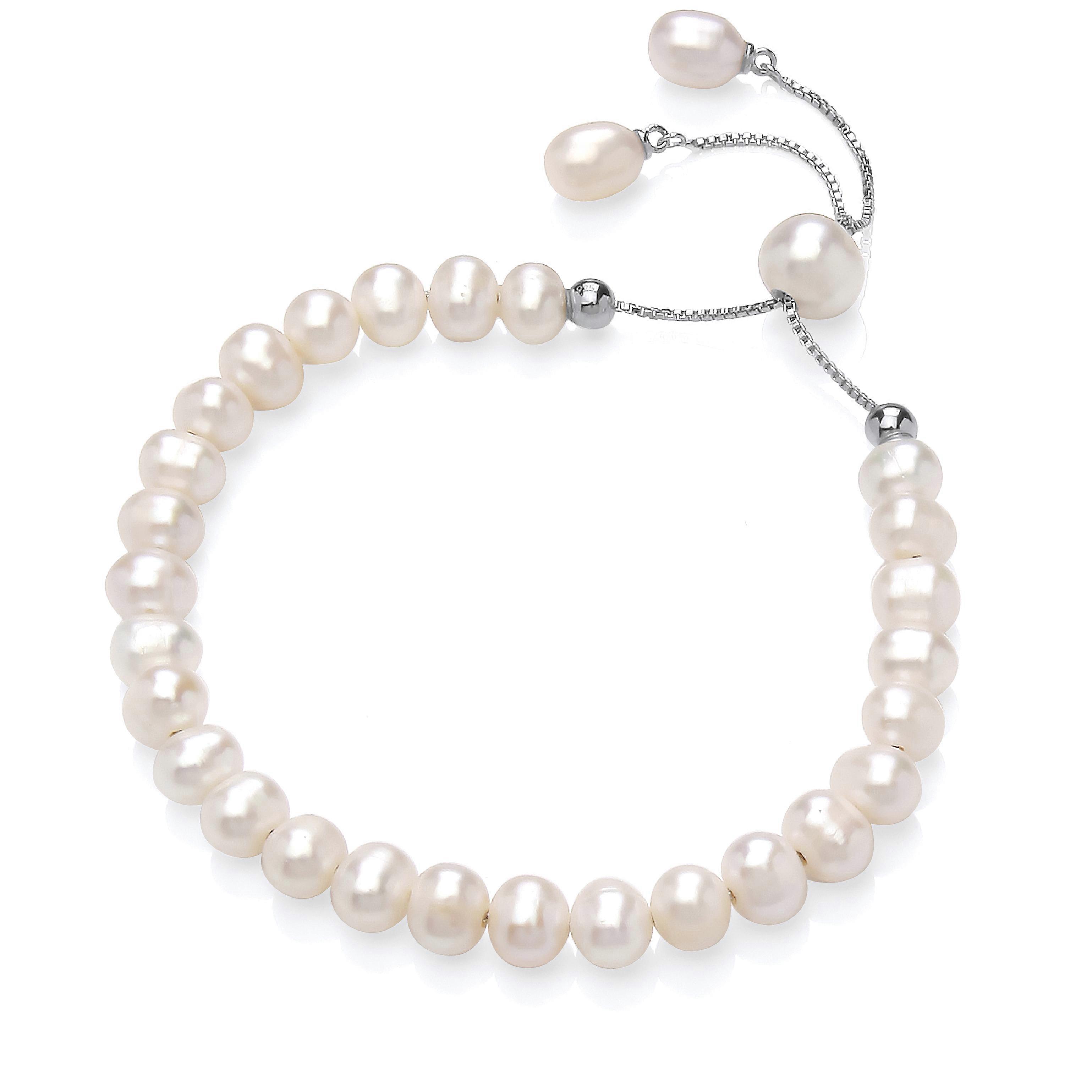 Jewelco London Ladies Rhodium Plated Sterling Silver Cream Oval Pearl Wobbly Pebble Adjustable Slider Bracelet 6mm