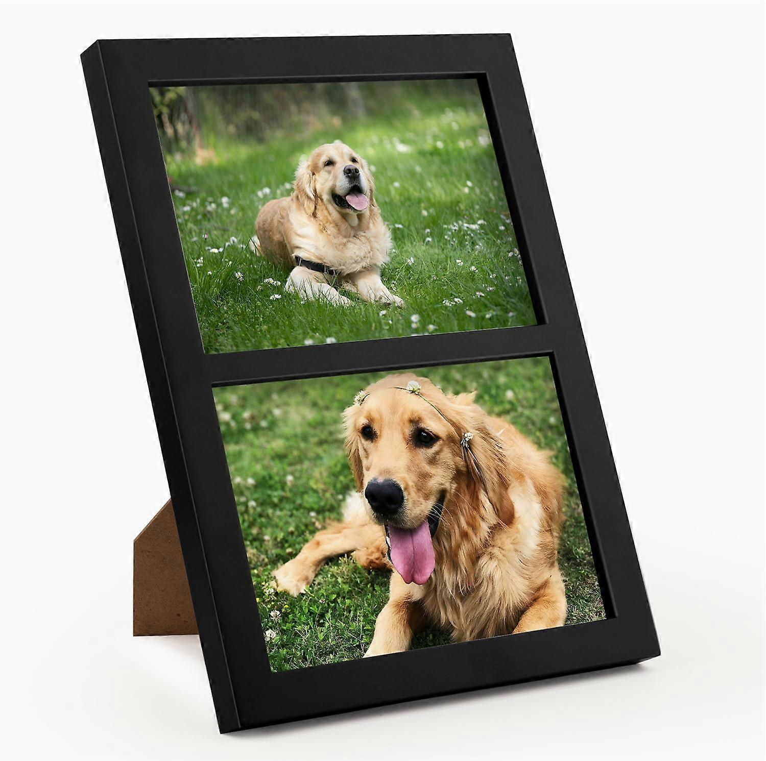 Black solid wood double photo frame with real glass for photos 5x7 inches