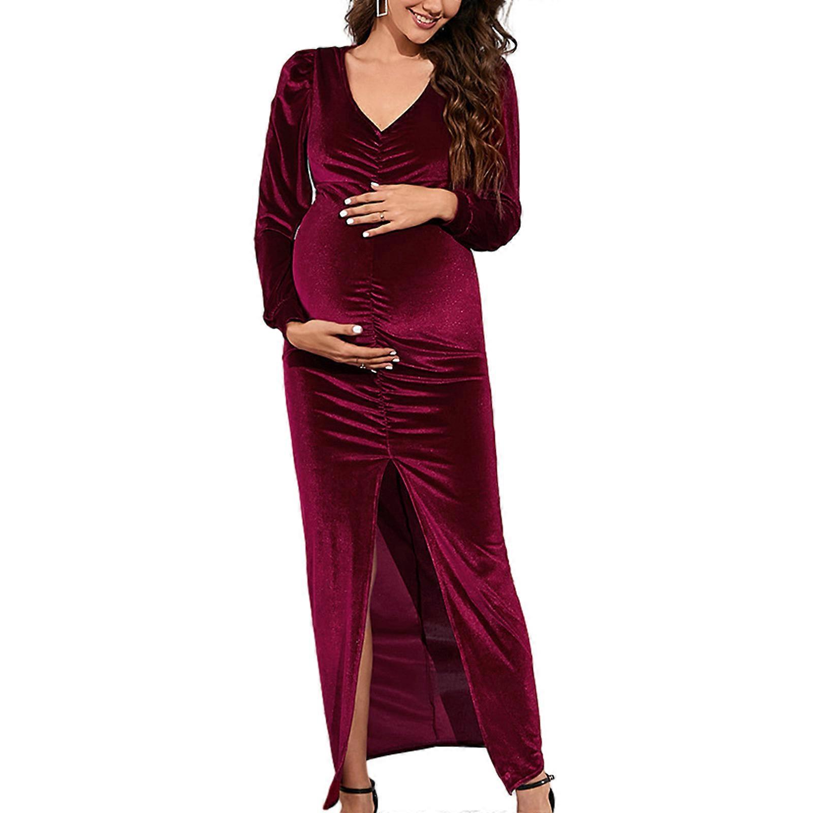 Womens Maternity Dress Summer Casual Long Sleeve Front Slit V Neck Bodycon Party Maxi Dress  Burgundy XL
