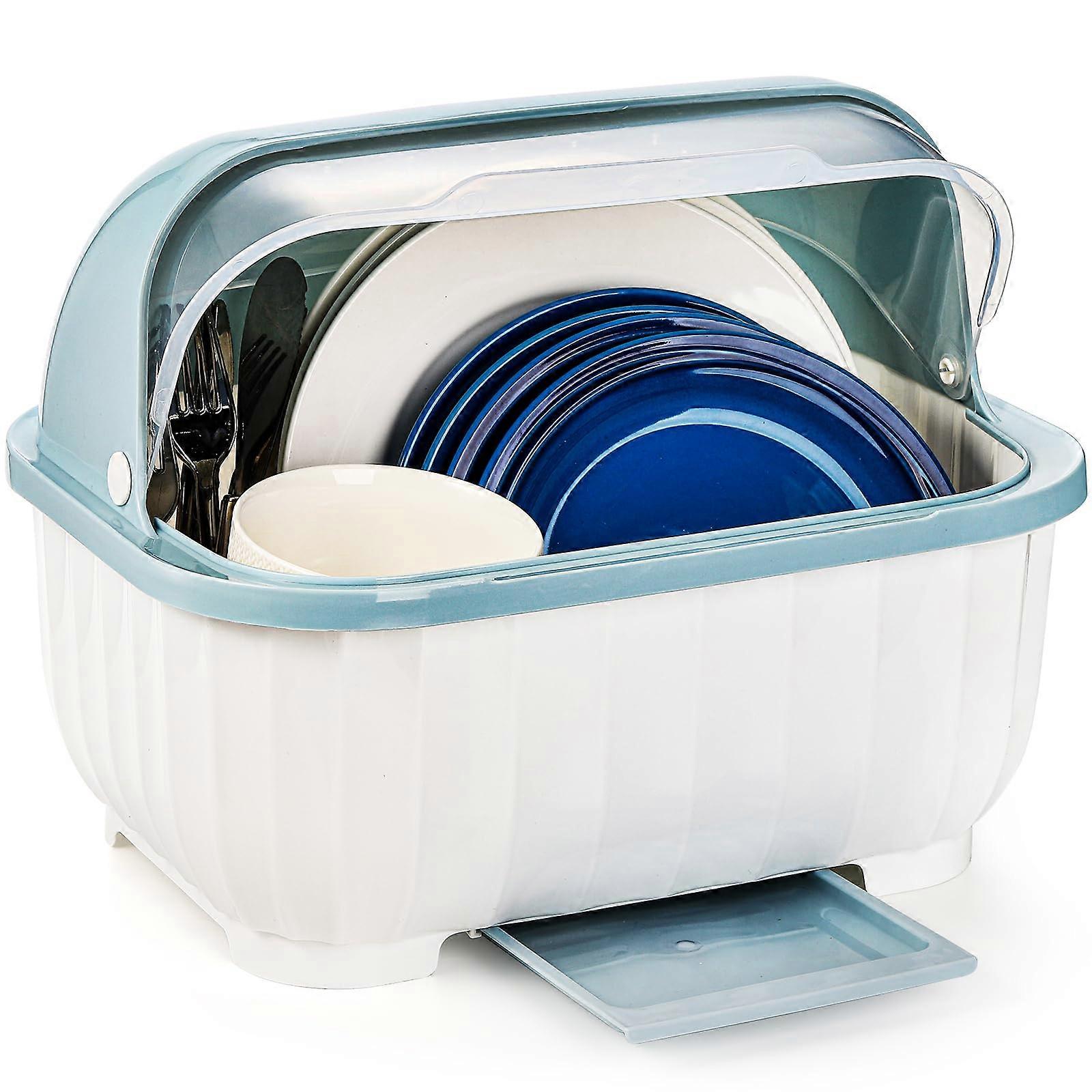 Dish Drying Rack with Cover, Removable Drainboard, Compact Plastic Bottle Holder, Small Size Plate Cup Drainer for Kitchen Counter