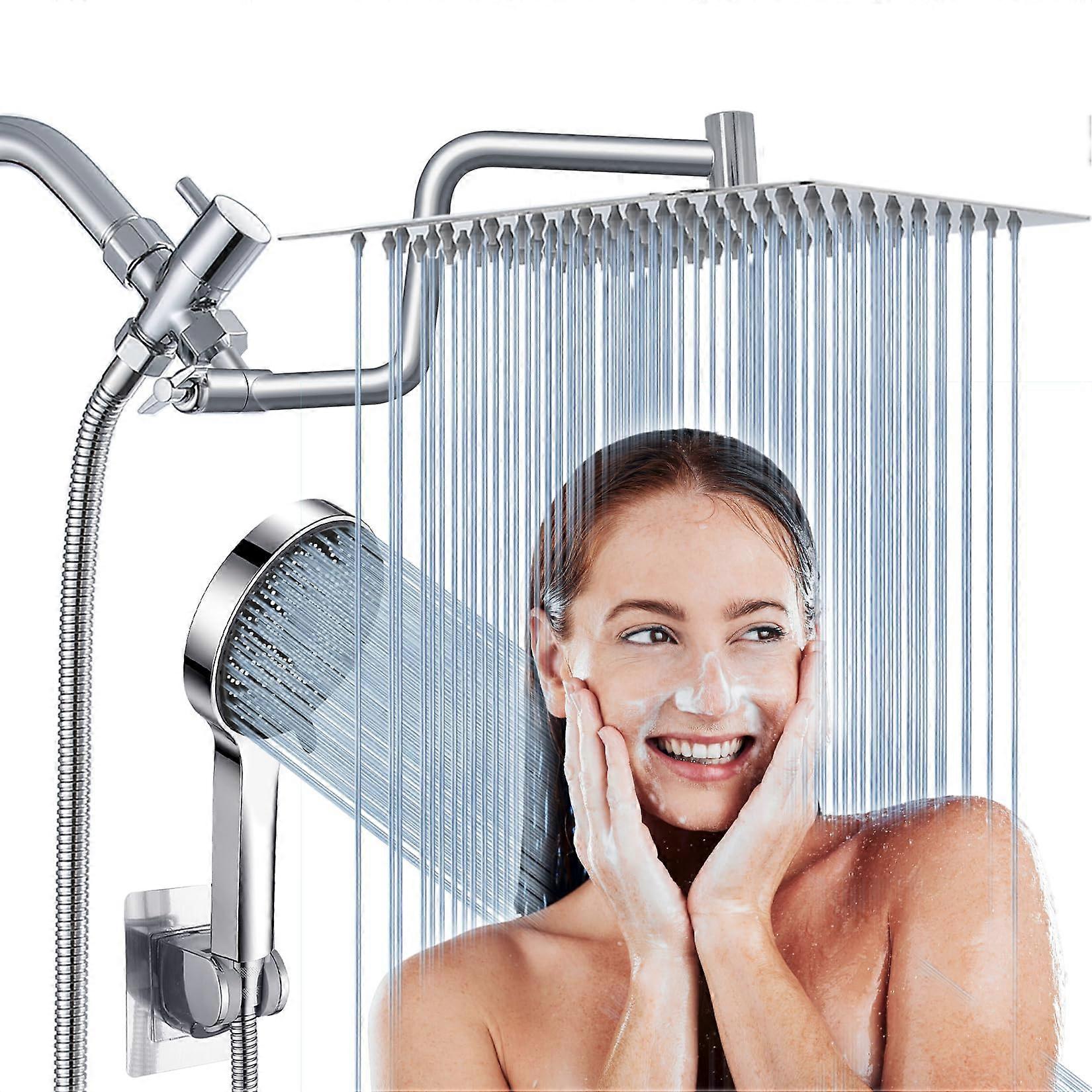 Shower Head 8-Inch High-Pressure Rainfall, Z-Type Combo and Handheld Wand, 12-Inch Angle-Adjustable Extension Arm Chrome