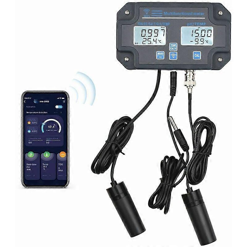 Wifi Digital Water Quality Tester 6 in 1 Wall Analyzer PH/EC/TDS/Salt/g.S/temperature, APP remote monitoring, alarm