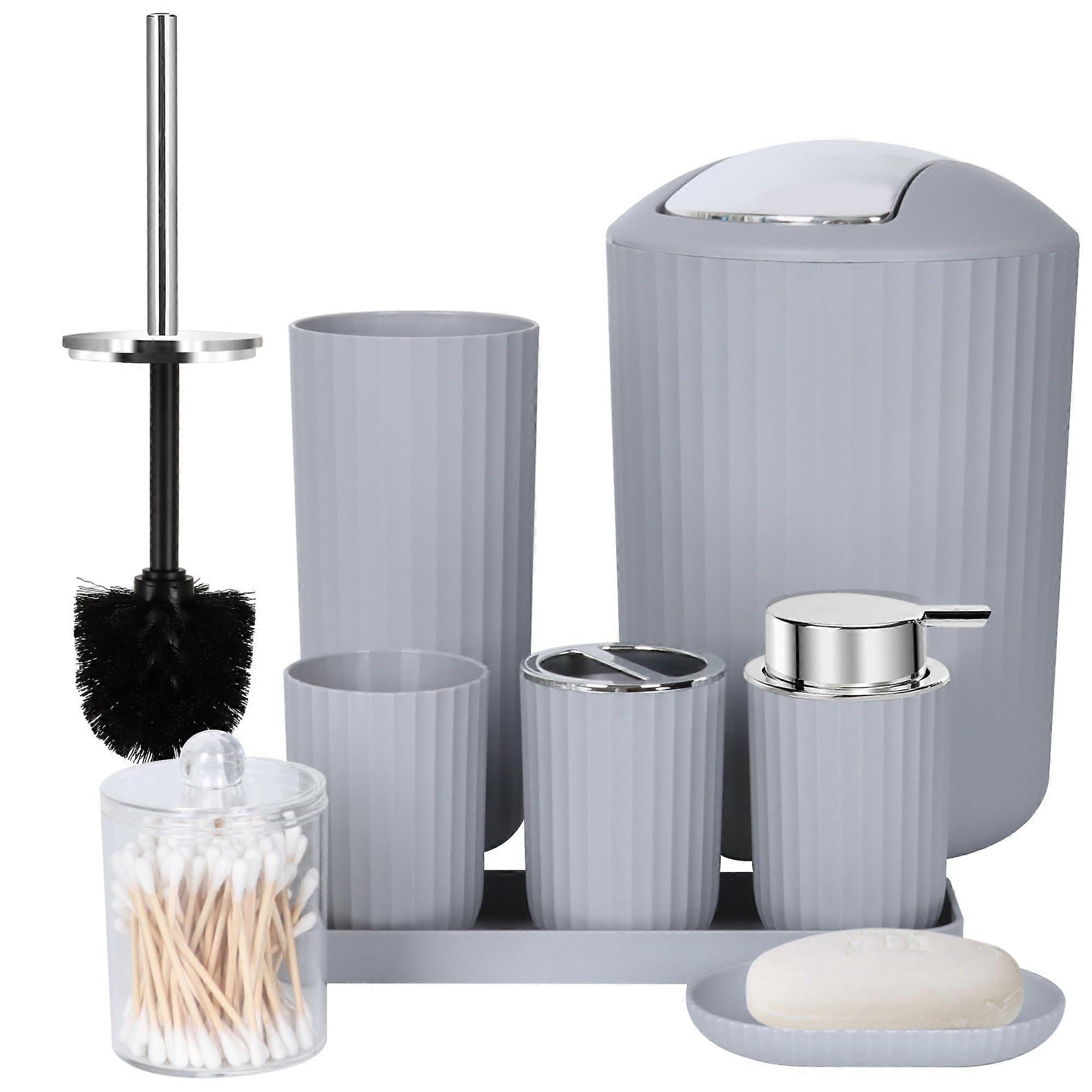 Complete Bathroom Accessories Set, 8 Pieces Grey Bathroom Set with Trash Can, Soap Dispenser, Toothbrush Holder, Makeup Tray and More