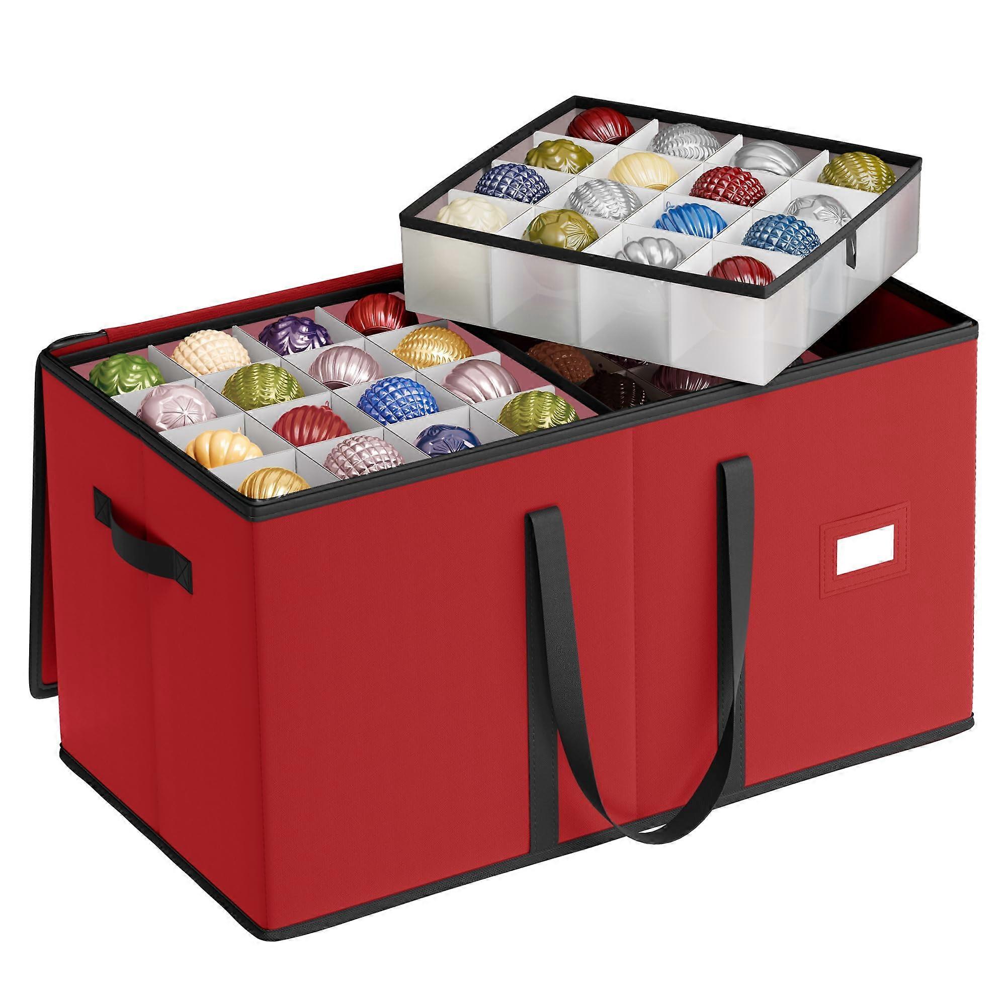 Large Christmas Ornament Storage Box with Double Zipper, 8 Trays, 600D Oxford Material, Stacked Lid Design