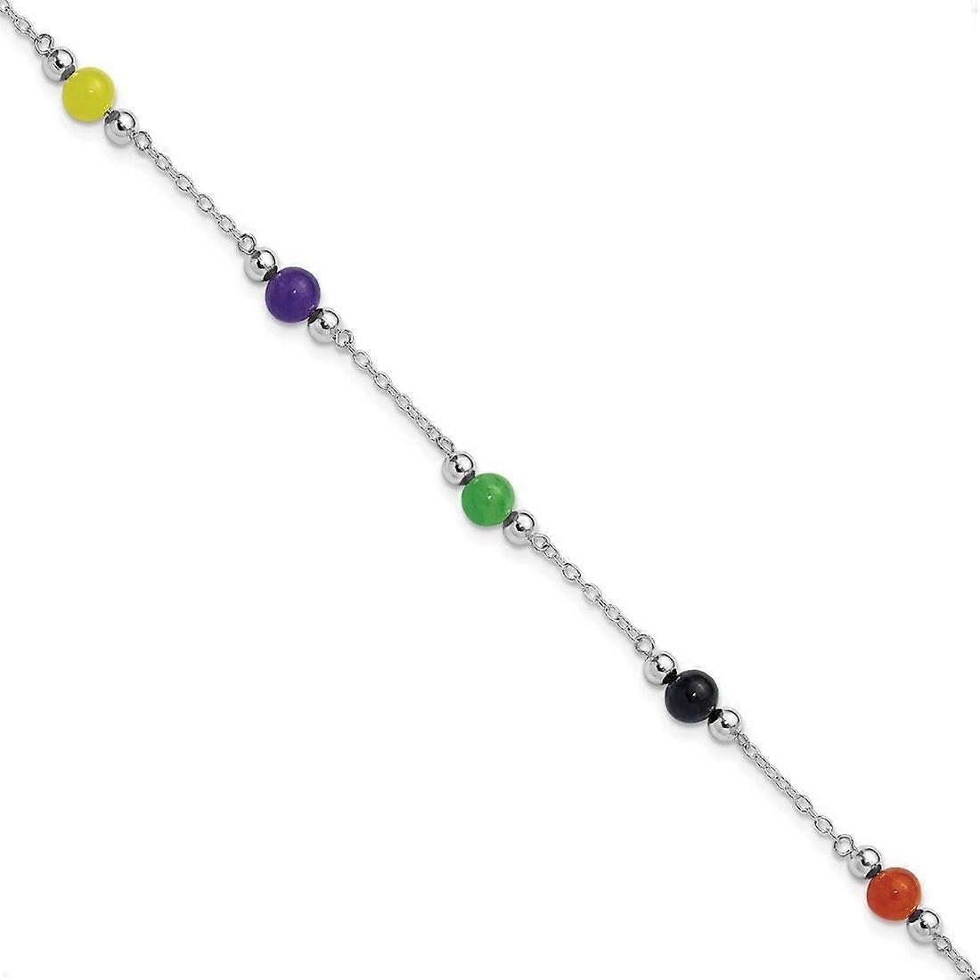 925 Sterling Silver Polished Multi Color Dyed Jade Anklet 9 Inch Spring-Ring-Anklet for Women