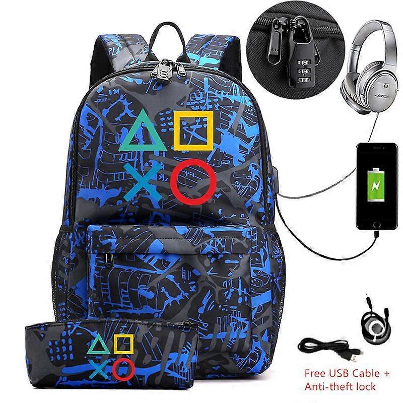 2 pcs/lot PS4 Playstation Canvas Backpack With Pencil Case School Bag Usb Charging School Bag Laptop Sports Mochila Escolar