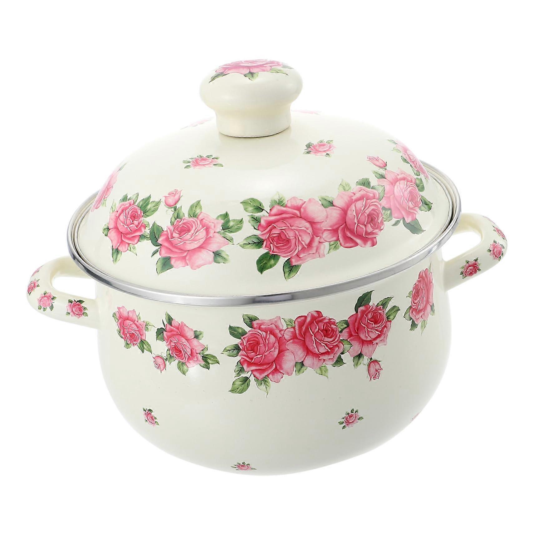 Retro Pattern Stockpot Double Handle Soup Pot Decorative Cookware for Stewing Porridge Noodles Energy Saving Heat Retention Kitchen Essential