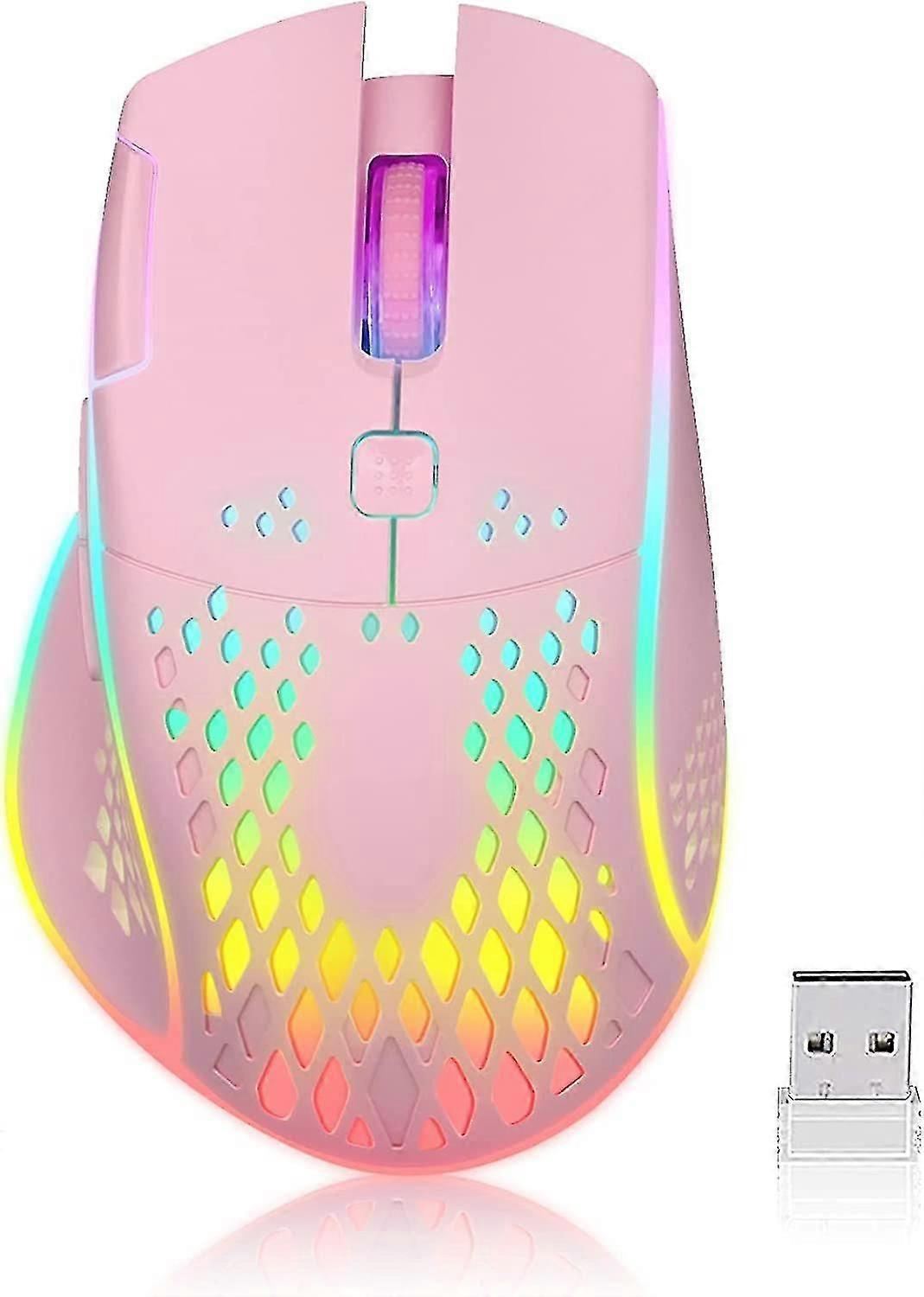 Pink Gaming Mouse, Wireless Mouse Rechargeable Honeycomb Wireless Gaming Mouse