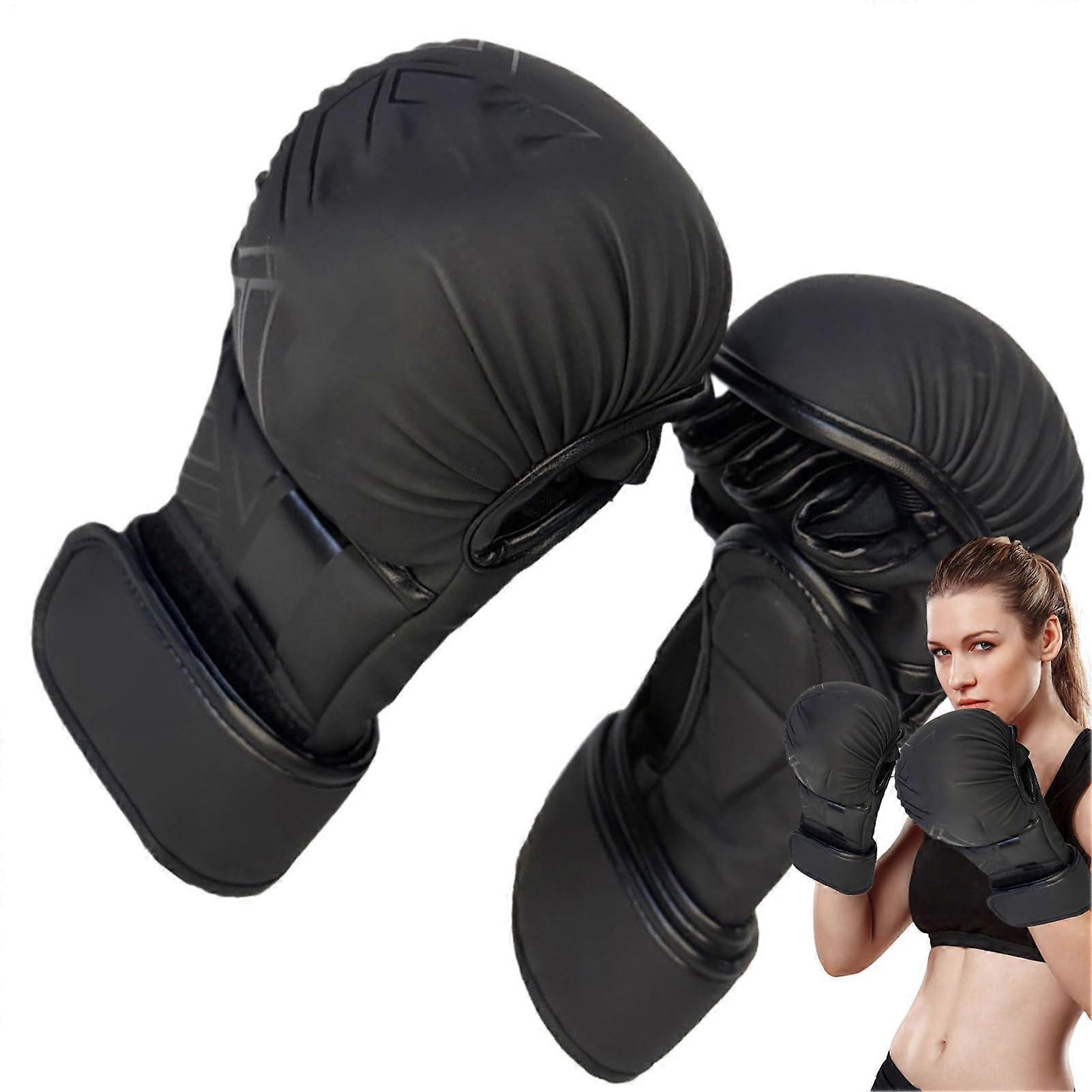 Boxing gloves, padded for heavy bag punching, adjustable fitness training, black