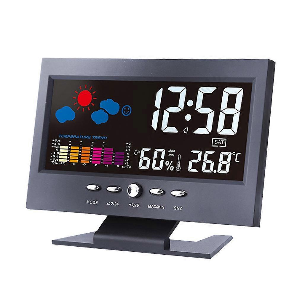 Multi Function Digital Alarm Clock with Weather Display, World Time, and Sound Controlled Backlight – Large Screen for Home and Office Use – Black