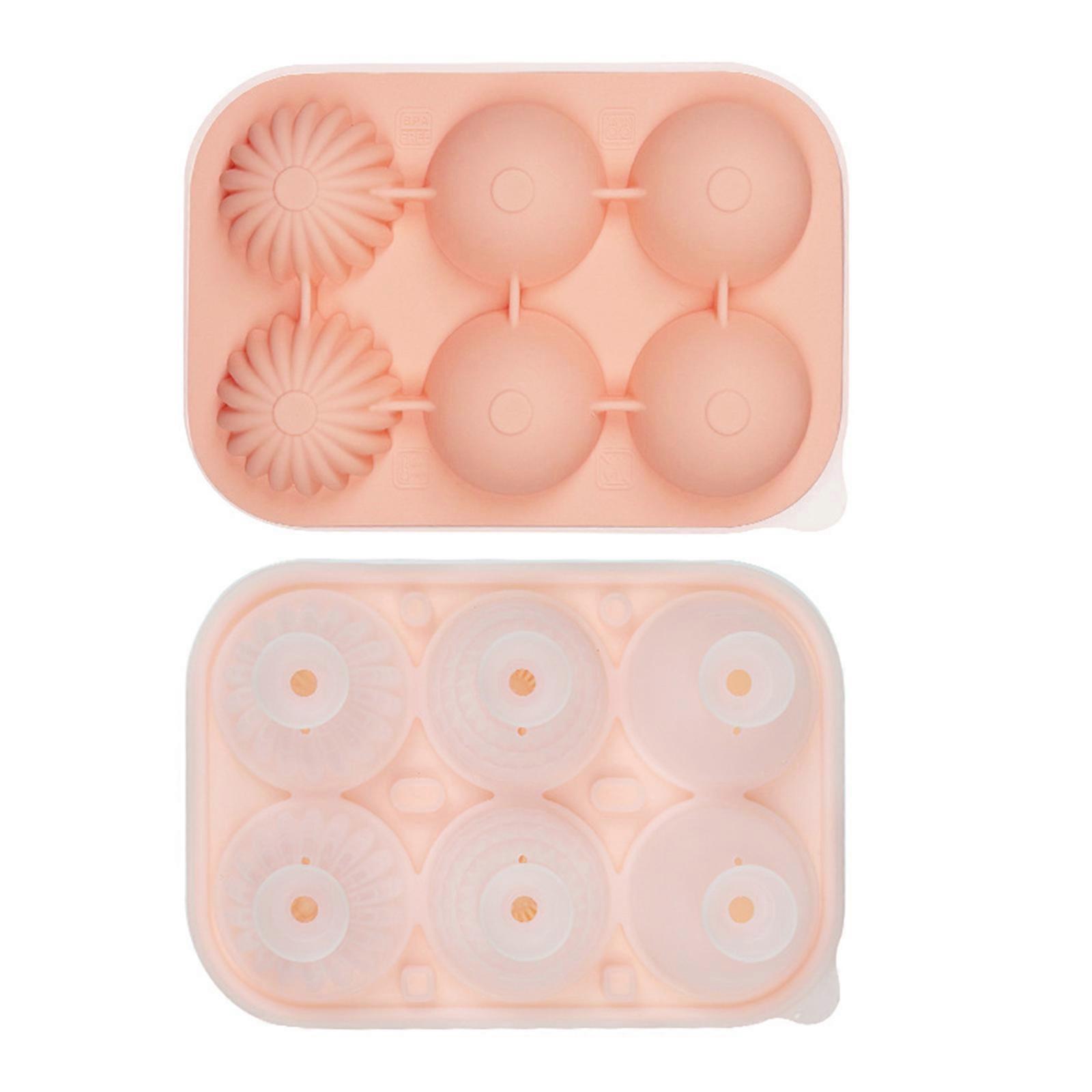 6 Cavity Silicone Ice Mould With Lid For Whiskeys Cocktails Efficient Safe Round Large Ice Cubes Tray With Funnel  Pink