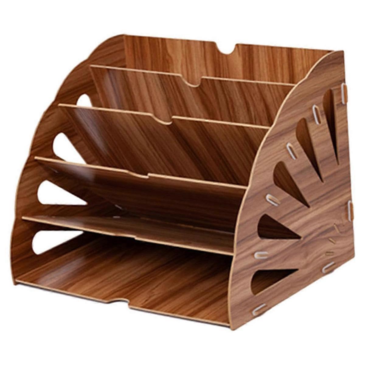 Hollow Sector File Organizer with 5 Compartments, Wood Color