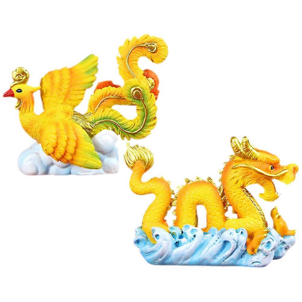 2pcs Mini Dragon Phoenix Resin Figurines Cake Toppers Desktop Garden Balcony Decoration Animal Ornaments Micro Landscape Craft