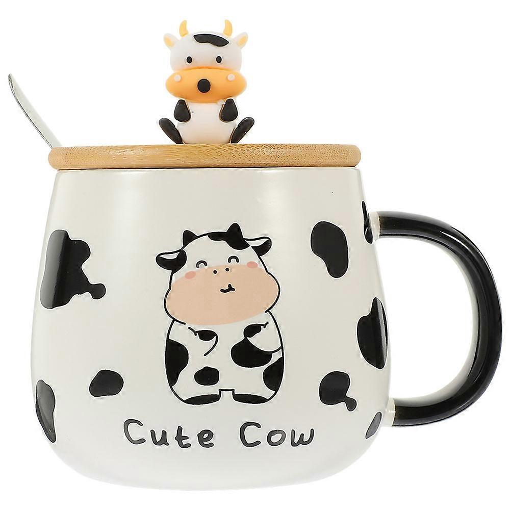 Cute Milk Cup with Spoon Adorable Cow Pattern Ceramic Mug for Home Use 1Set