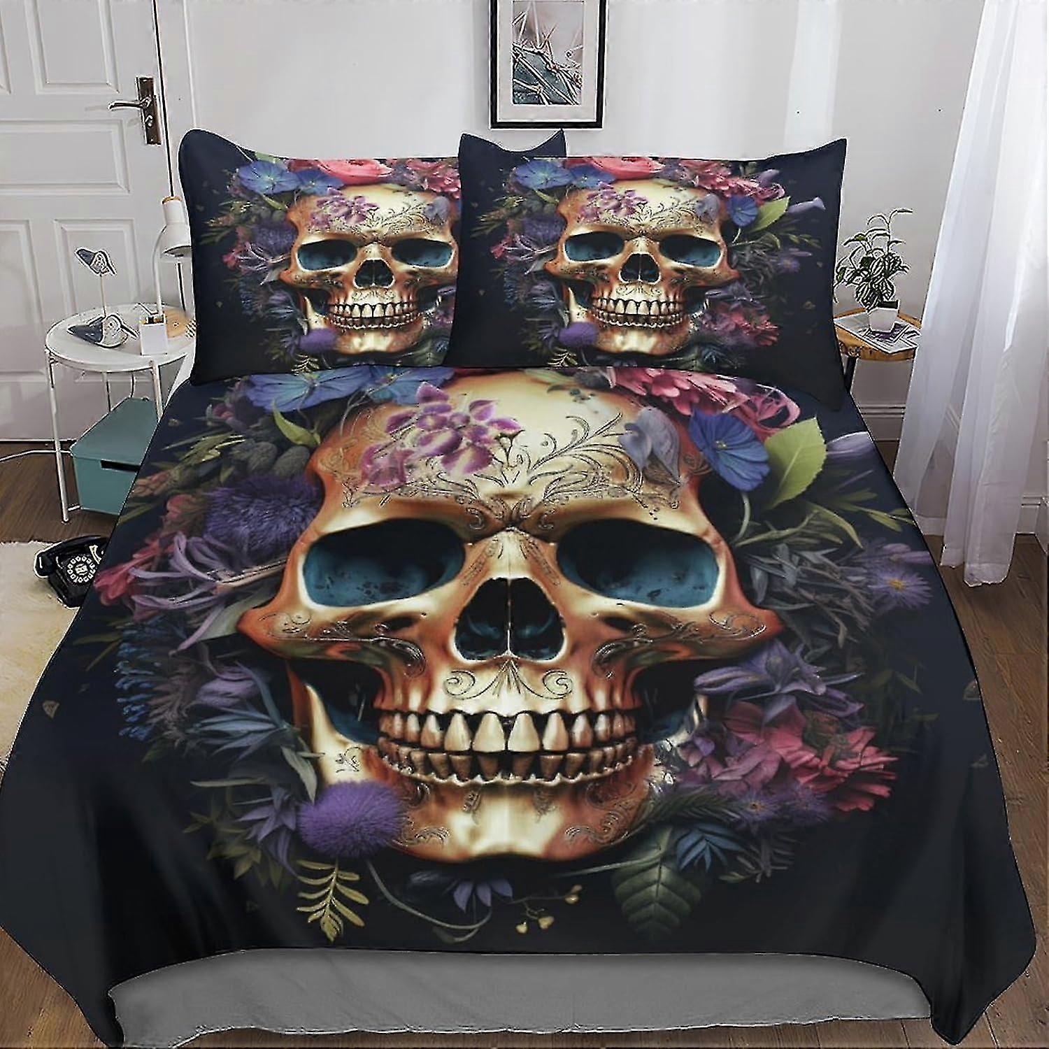3D Printed Flowers Skull Duvet Cover Set with Hidden Zipper Closure, Microfiber Polyester Skeleton Comforter for Home Decor