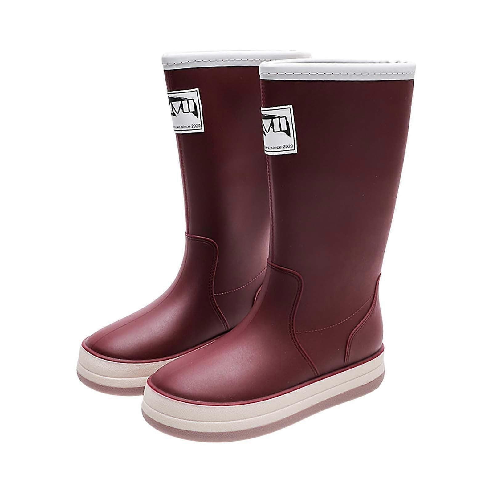 Rain Shoes Women's Waterproof Long Shaft Casual Boots for Wide Feet, Lightweight Non-Slip Block Heel, Warm Lined, 36 EU Wine Red
