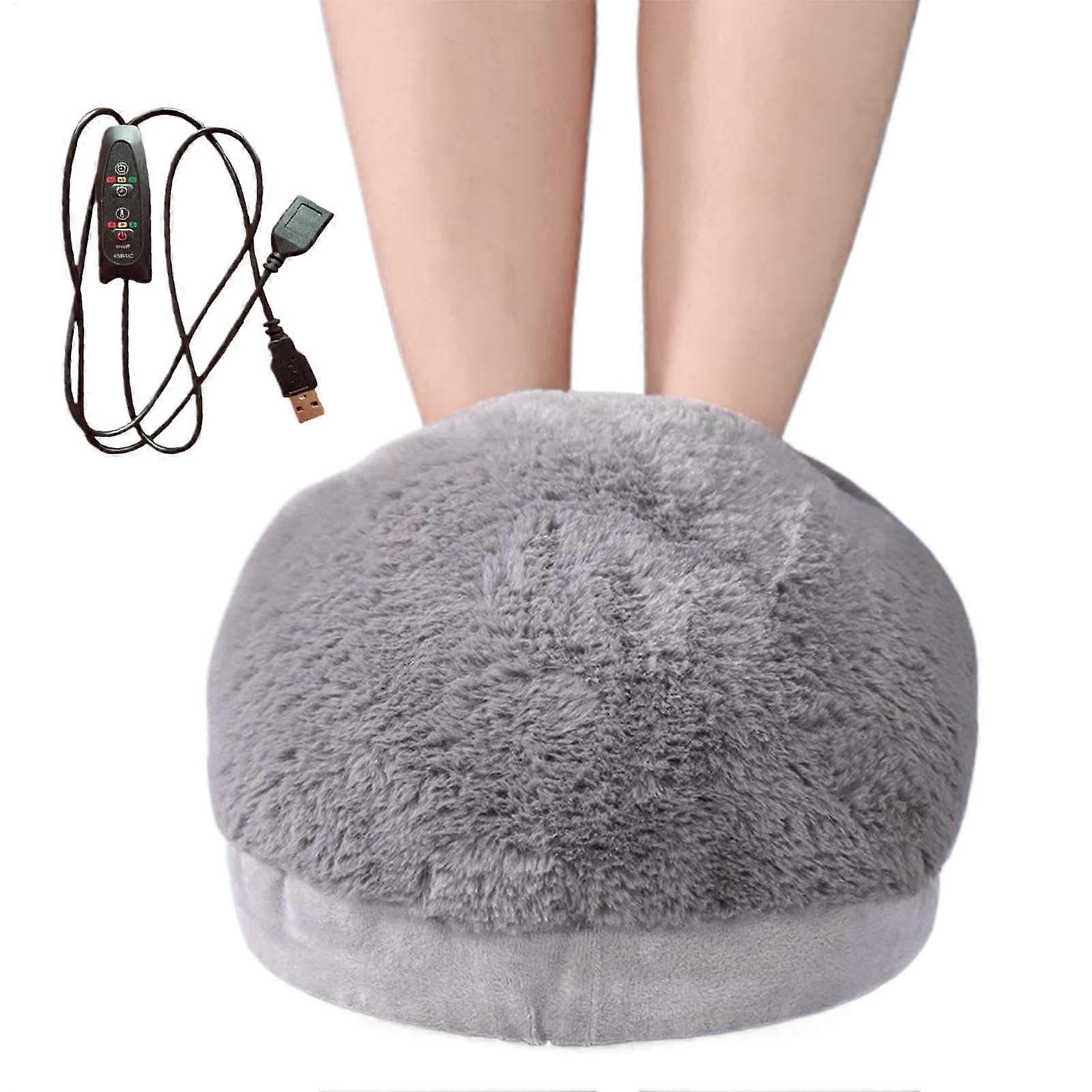 Heated foot warmer with 3 temperature settings, removable washable thermal wrap, gray.