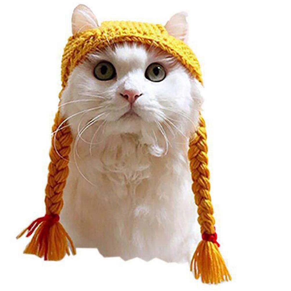 Funny Braid Knitting Cat Hat for Kitten Pet Party with Woolen Yarn Weave Plait