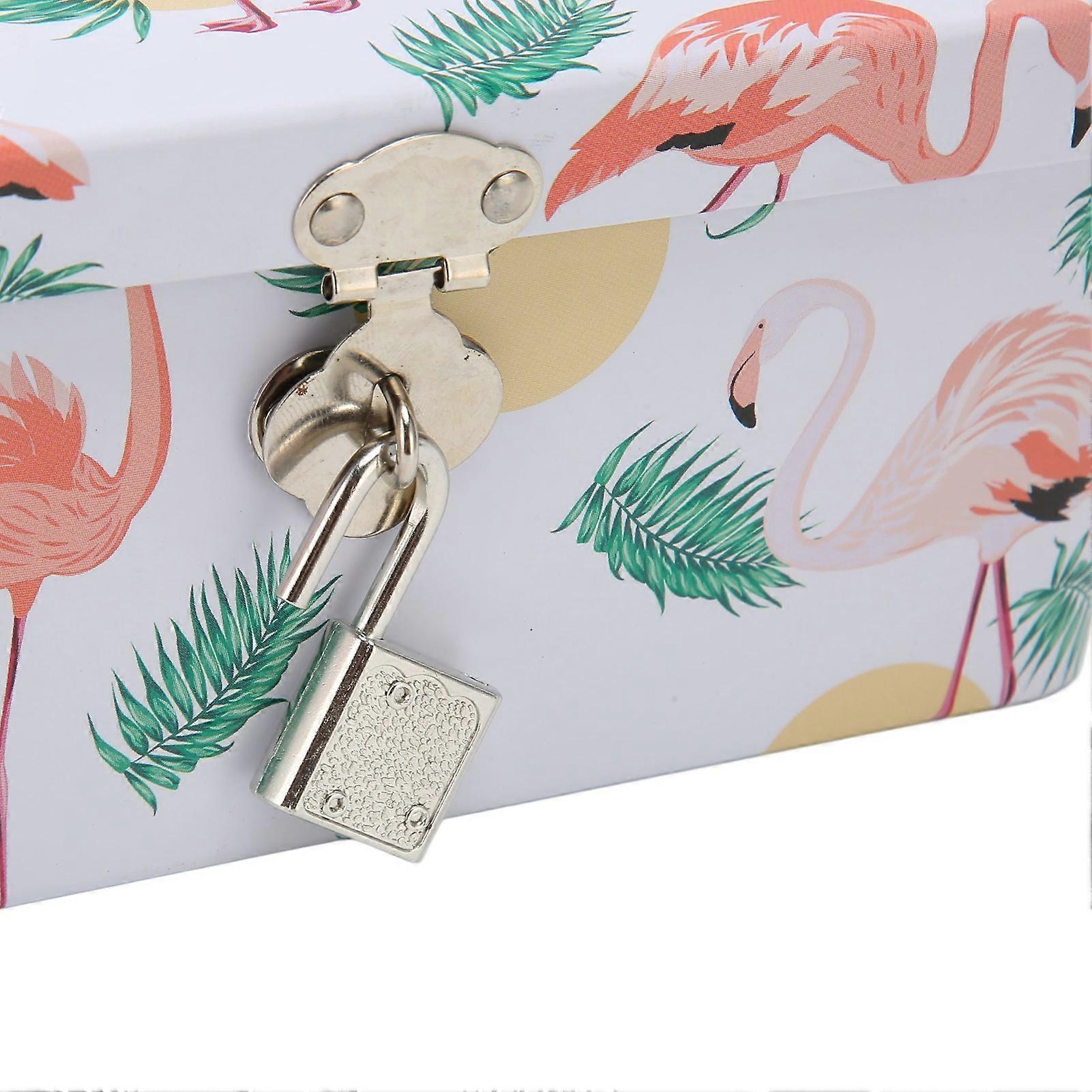 2Pcs Tinplate Storage Box Flamingo Leaves Pattern Multi Purpose Rectangular Tin Box with Locks Keys for Family Office