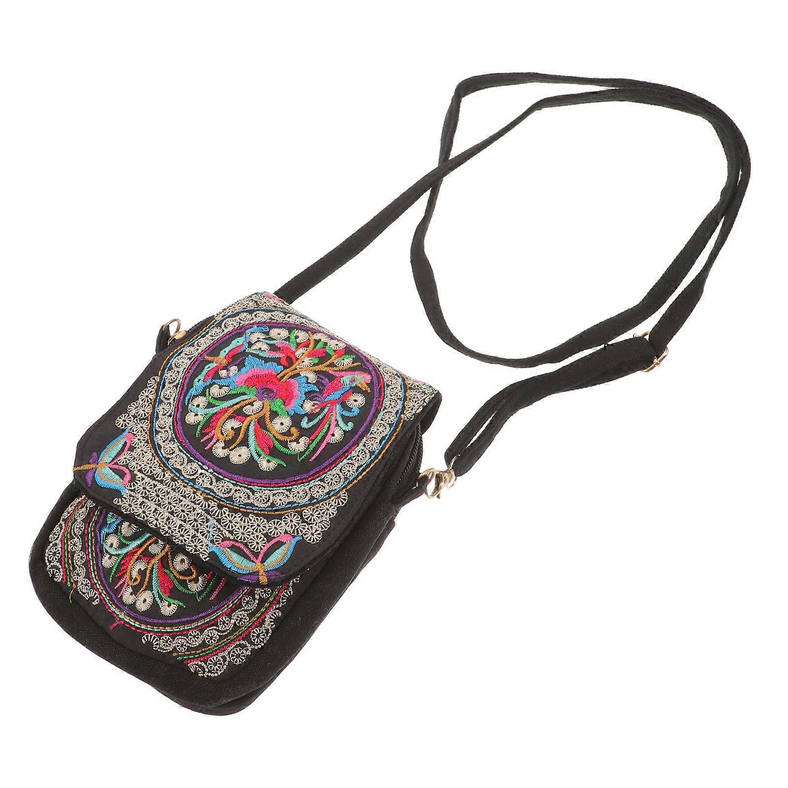 حقيبة هاتف نسائية مطرزة على الطراز العرقي بتصميم زهري ، حقيبة كروس خفيفة الوزن للتسوق والاستخدام في الهواء الطلق ، حامل عملات معدنية وحامل موبايل واسع