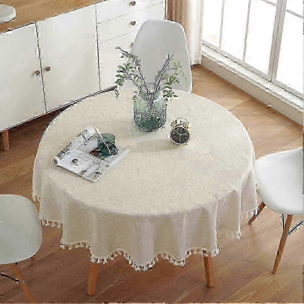 Nappe ronde de 120 cm, nappe à pompons de couleur unie, nappe en coton adaptée