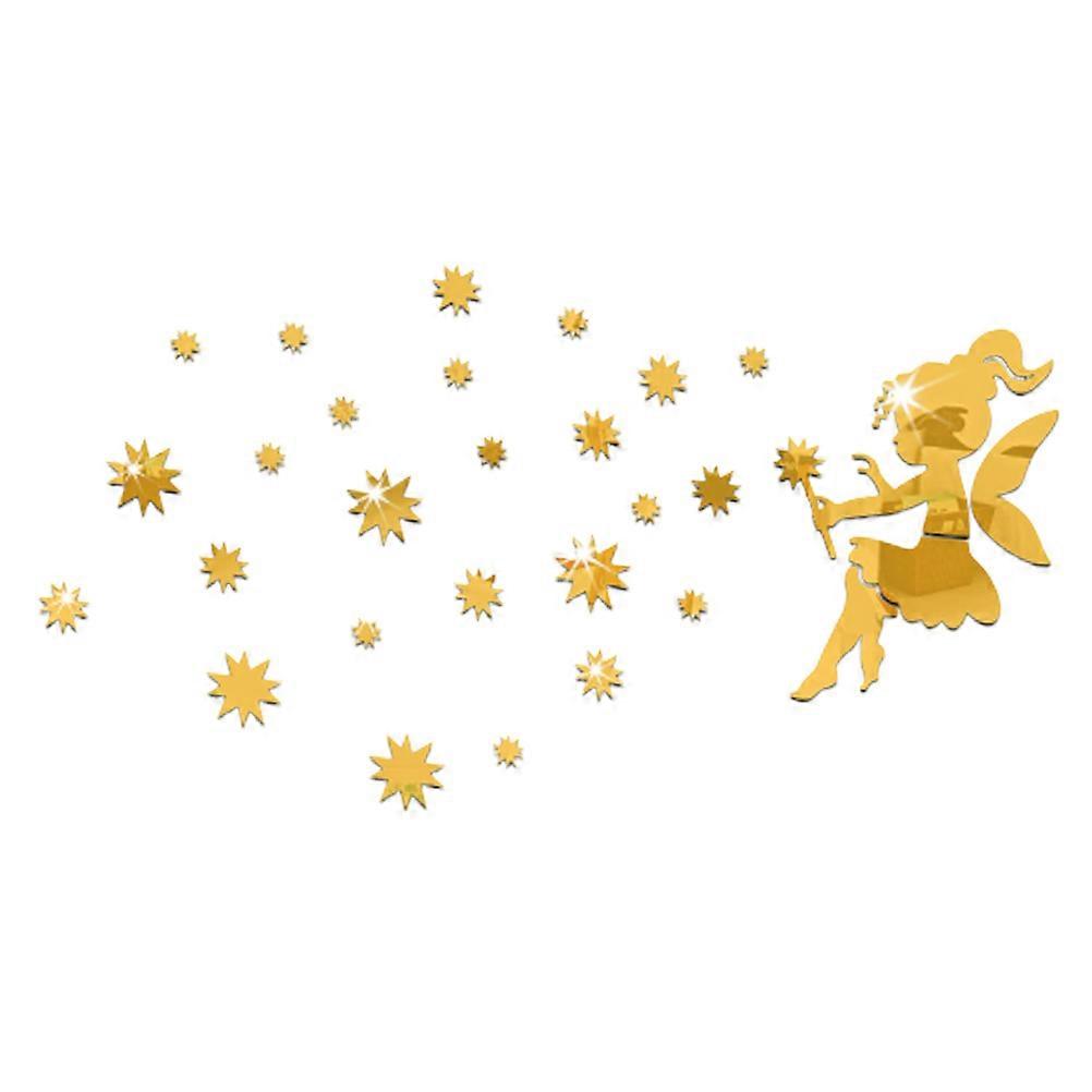 Golden Mirror Wall Stickers, Fairy Blowing Stars Pattern, Decorative Decals for Wedding Rooms, Homes, Living Rooms and Bedrooms, Lightweight DIY