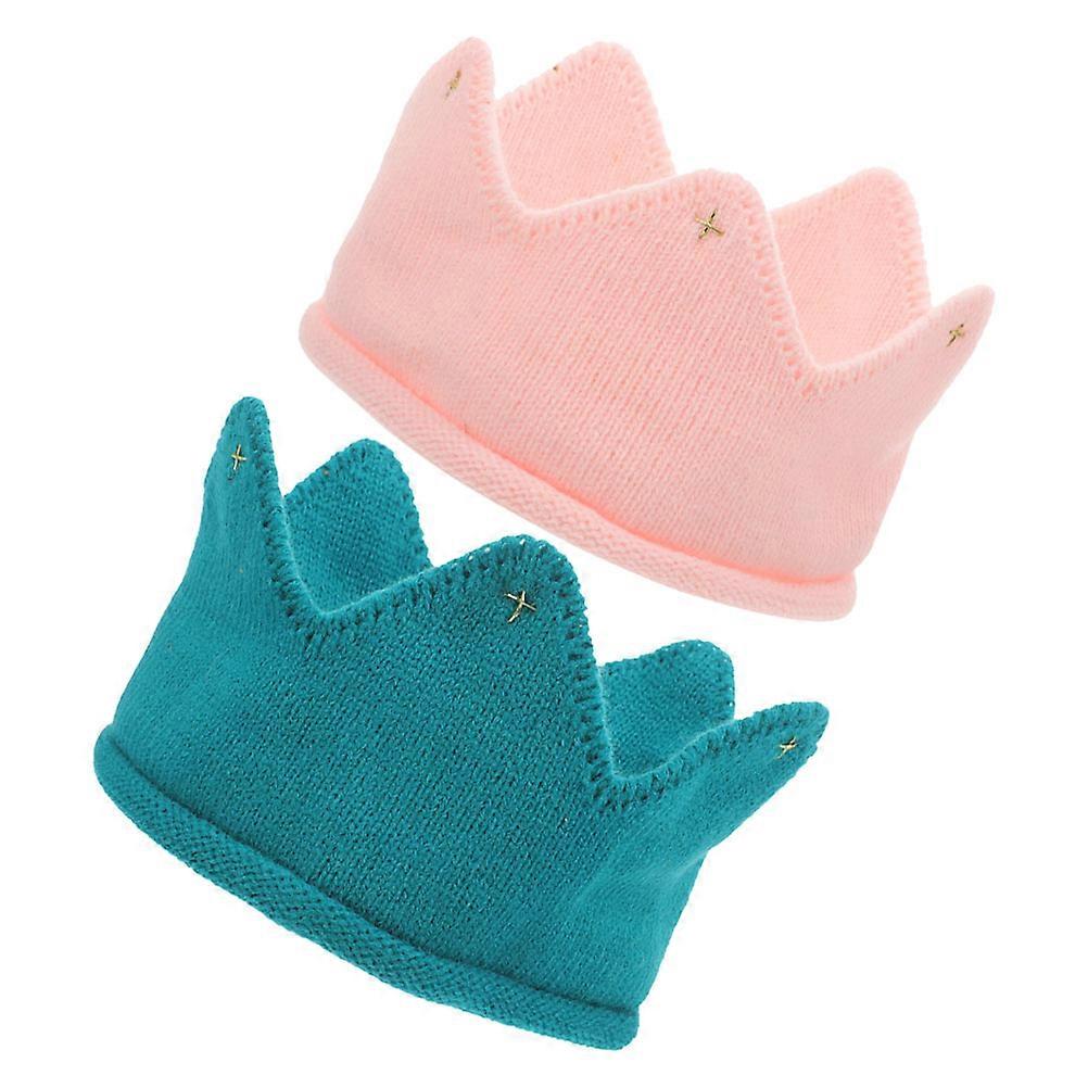 2pcs Soft Knitted Crown Cap Hats for Newborns, Breathable Acrylic Beanie Caps for First Birthday Parties and Showers, Resilient and Comfortable Design