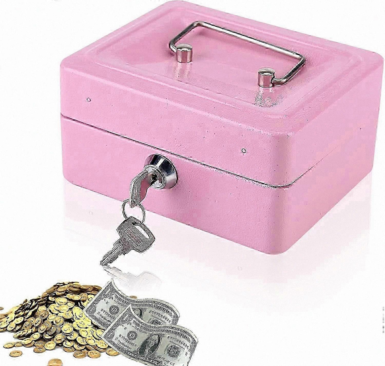 Mini money box with lock, money cassette with 2 keys, 12 x 15 x 7.5cm (pink)