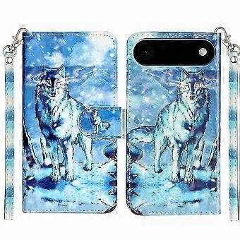For iPhone 17 Air Wallet Case 3D Pattern Printed Leather Phone Protective Case with Strap (Multi-Color, Snow Wolf)