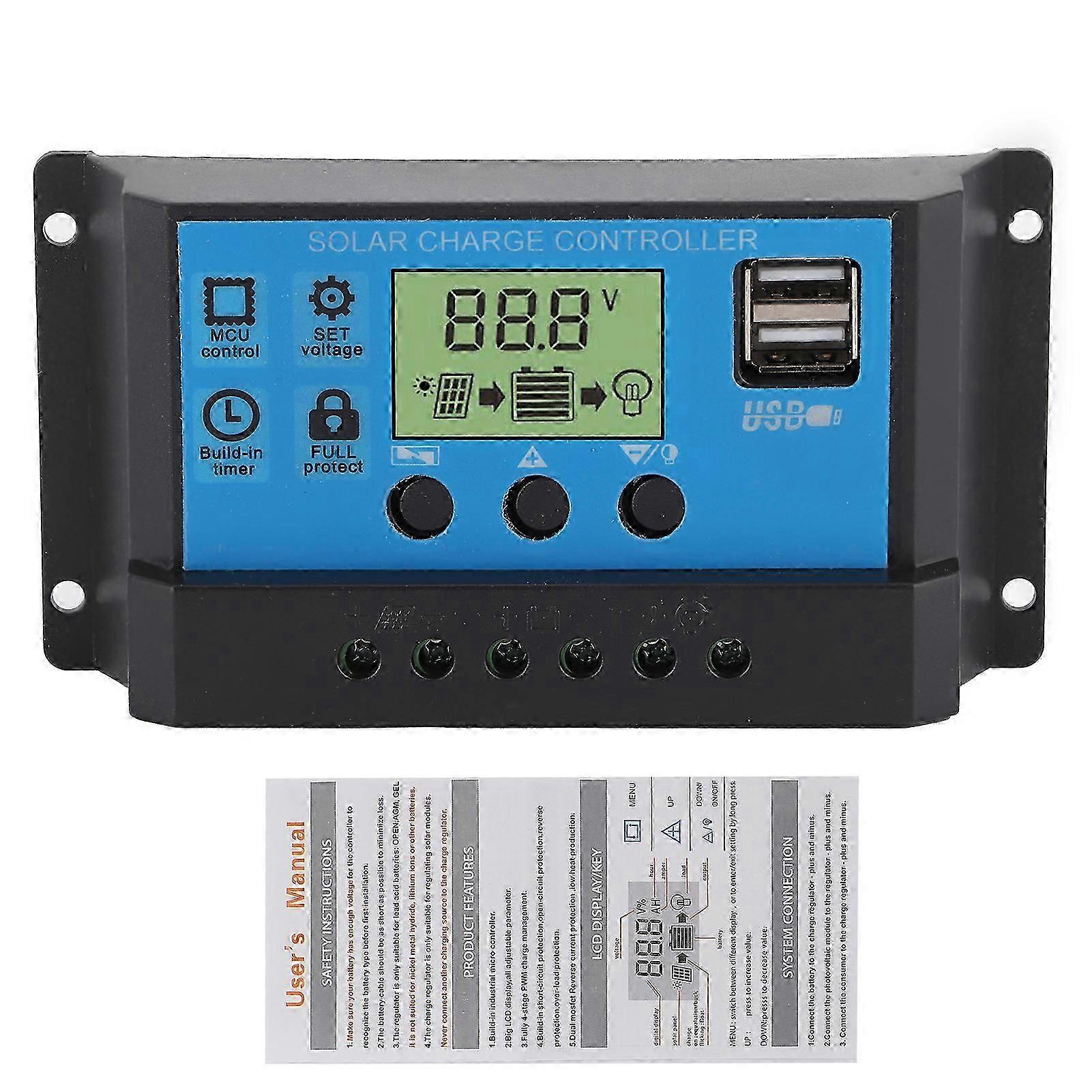 12V 24V Solar Charge Discharge Controller PWM LCD Display Dual USB Output
