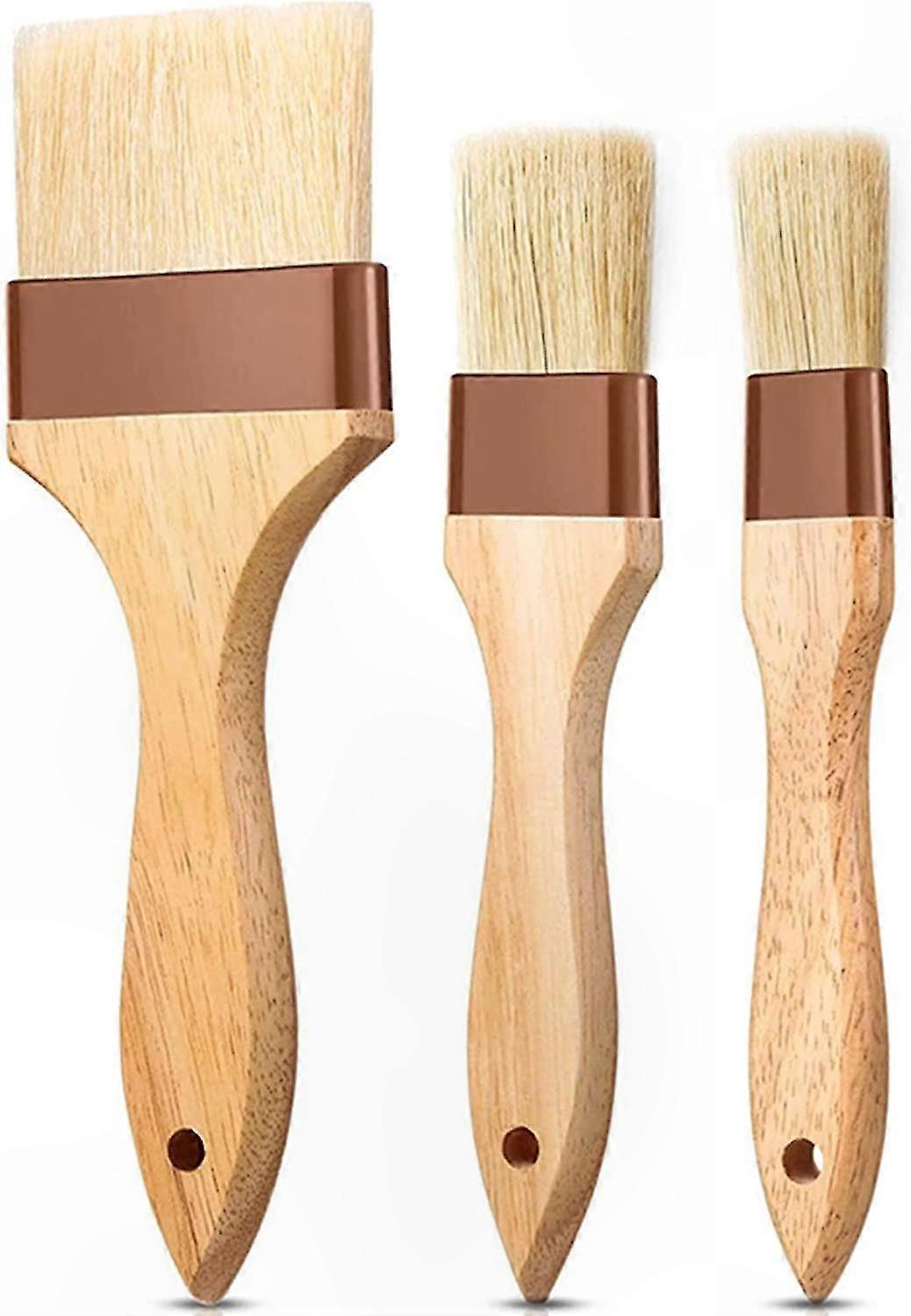 Set of 3 Wooden Pastry Brushes with Natural Bristles and Long Handles for Grilling and Baking