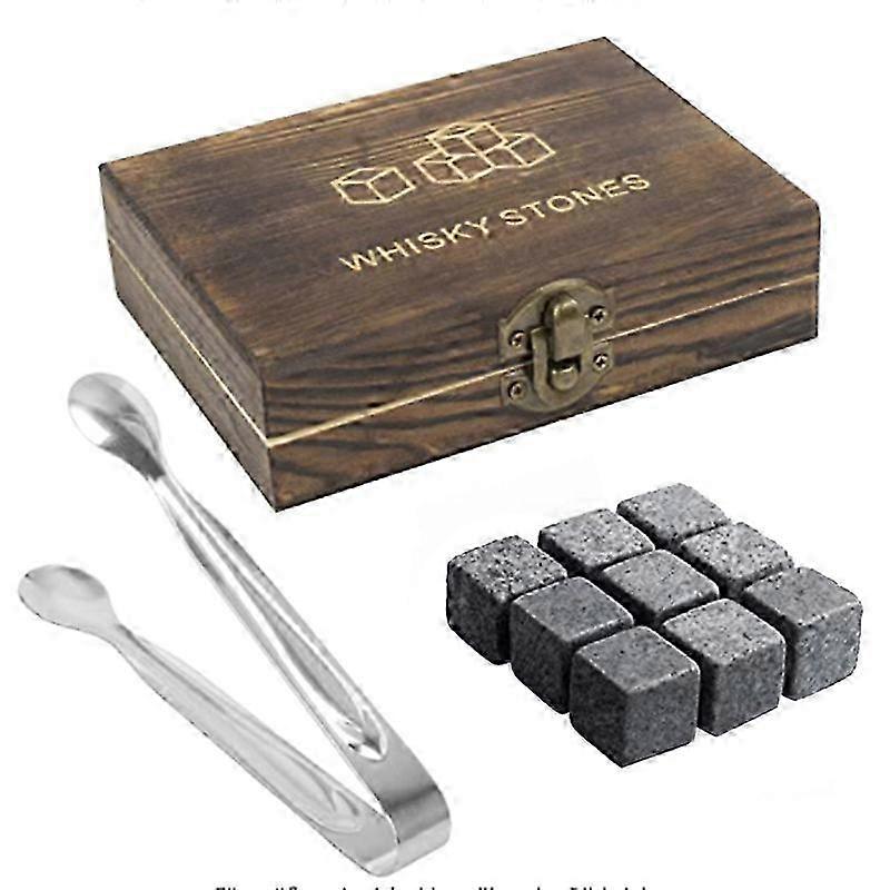 Set of 9 Whiskey Rocks with Wooden Box for Reusable Cooling Enjoyment