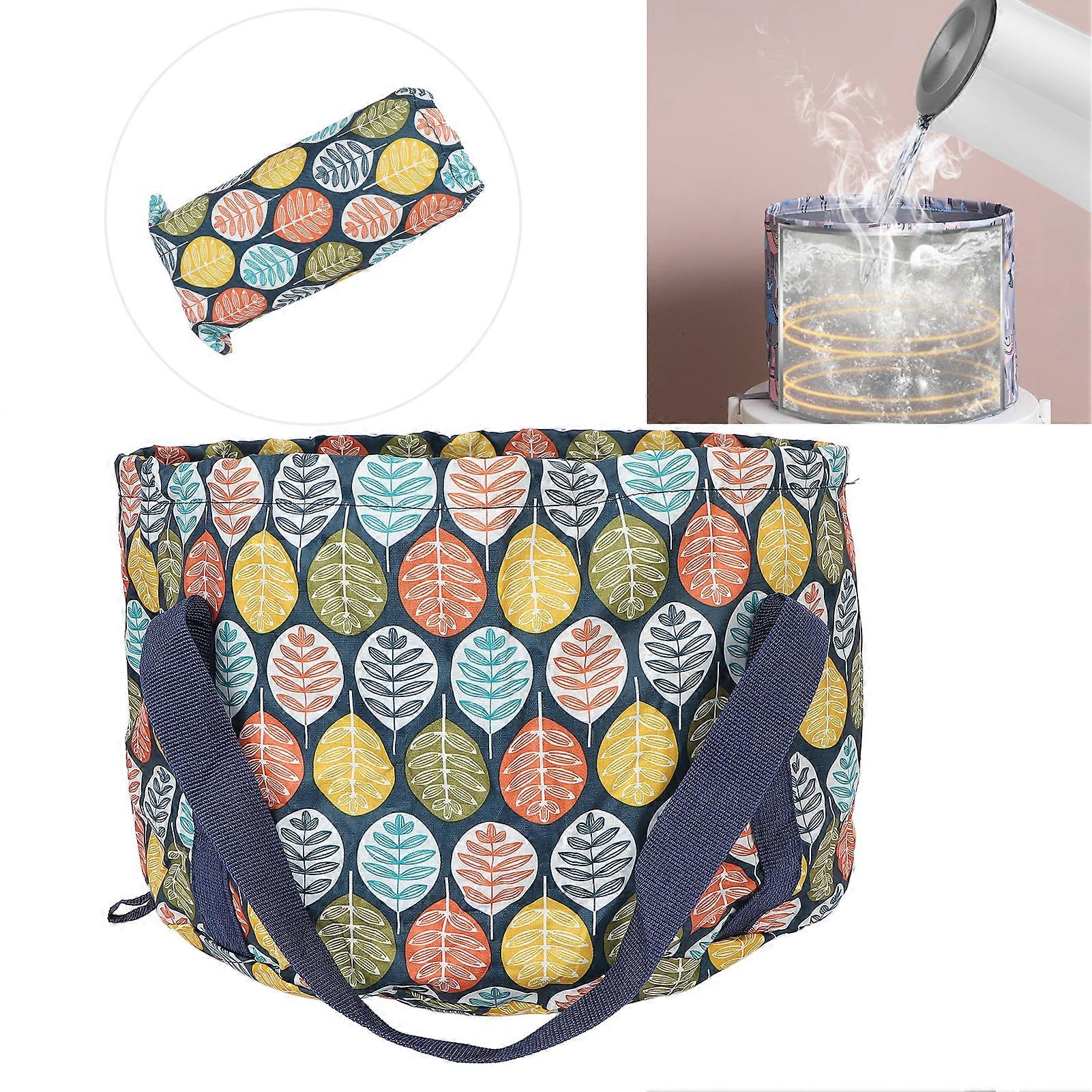 Collapsible Foot Soaking Basin Polyester Waterproof Handle Rope Foot Bath Water Bucket 21L Large Leaf Pattern