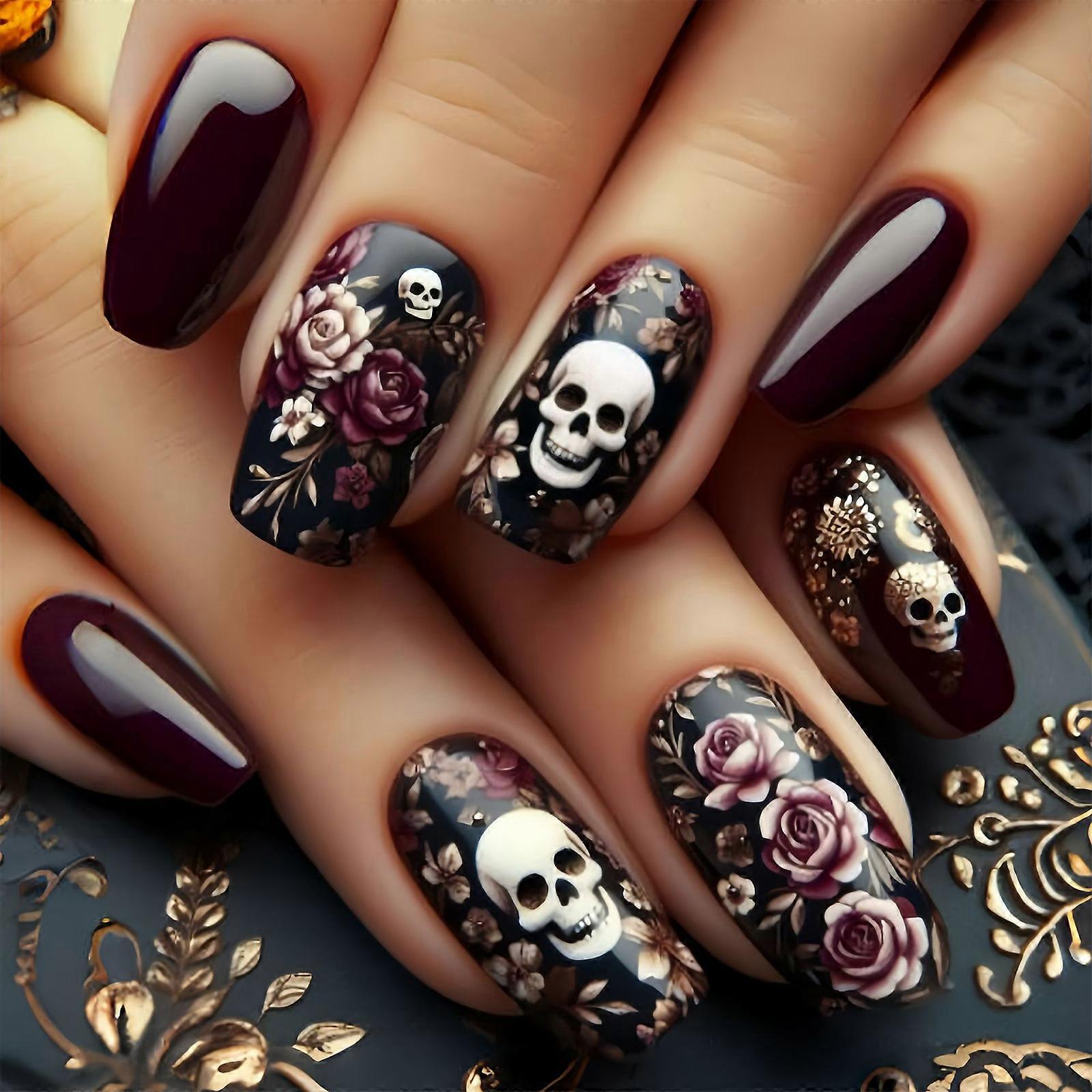 Long Lasting False Nail With Gothic Skull Patterns Press On Nail For Versatile Styling ABS Build Comfortable Party Multicolor
